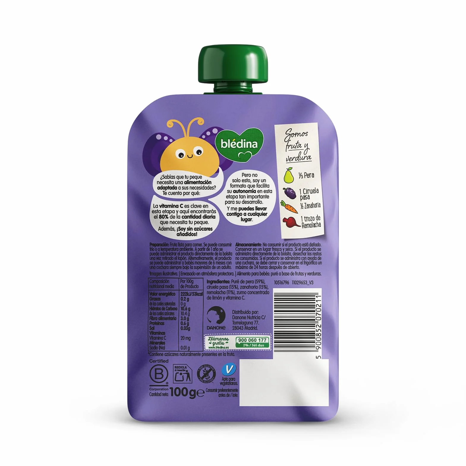 Blédina Bolsitas de Pera, Ciruela pasa, Zanahoria y Remolacha para Bebé Pouch 100% Fruta y Verdura Sin Azúcar Añadido Alto Contenido Vitamina C Fuente de Fibra Pack 6x100g