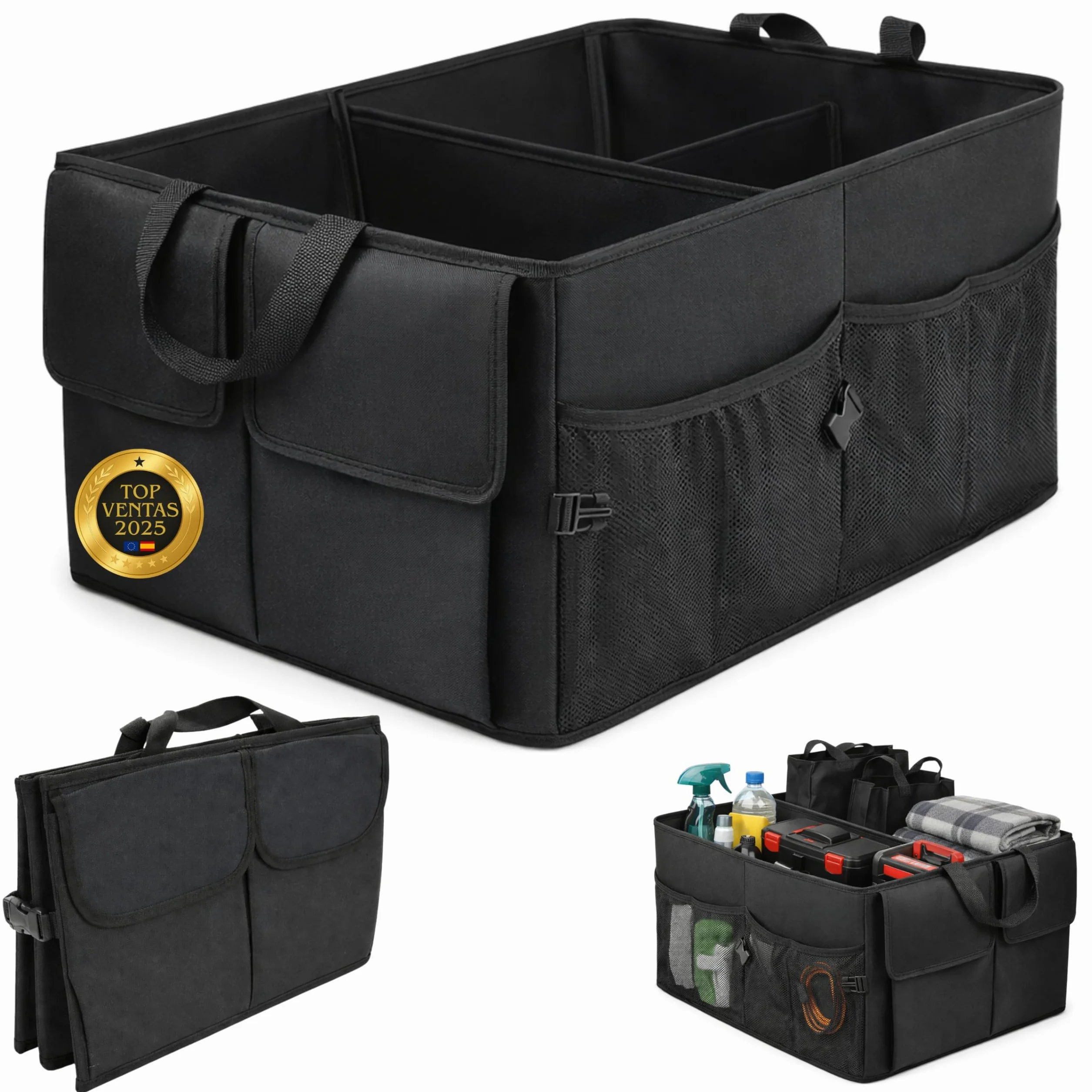 Organizador Maletero Coche Plegable - Flexible - Impermeable | 3 Compartimentos y 6 Bolsillos │ Asas Reforzadas │ Tamaño Adecuado para Coche, SUV o Furgoneta │ Mantén el Maletero Ordenado