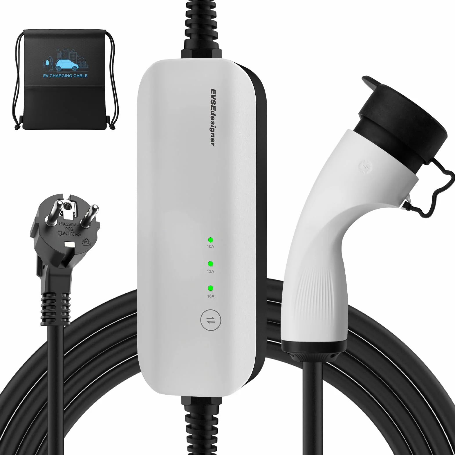 Cargador EV Tipo 2 Schuko Portátil Wallbox con Bolsa de Transporte para Todos los Vehículos Eléctricos y Coches Híbridos Enchufables 3.6kW 10/13/16Amp 6 Metros Monofásico