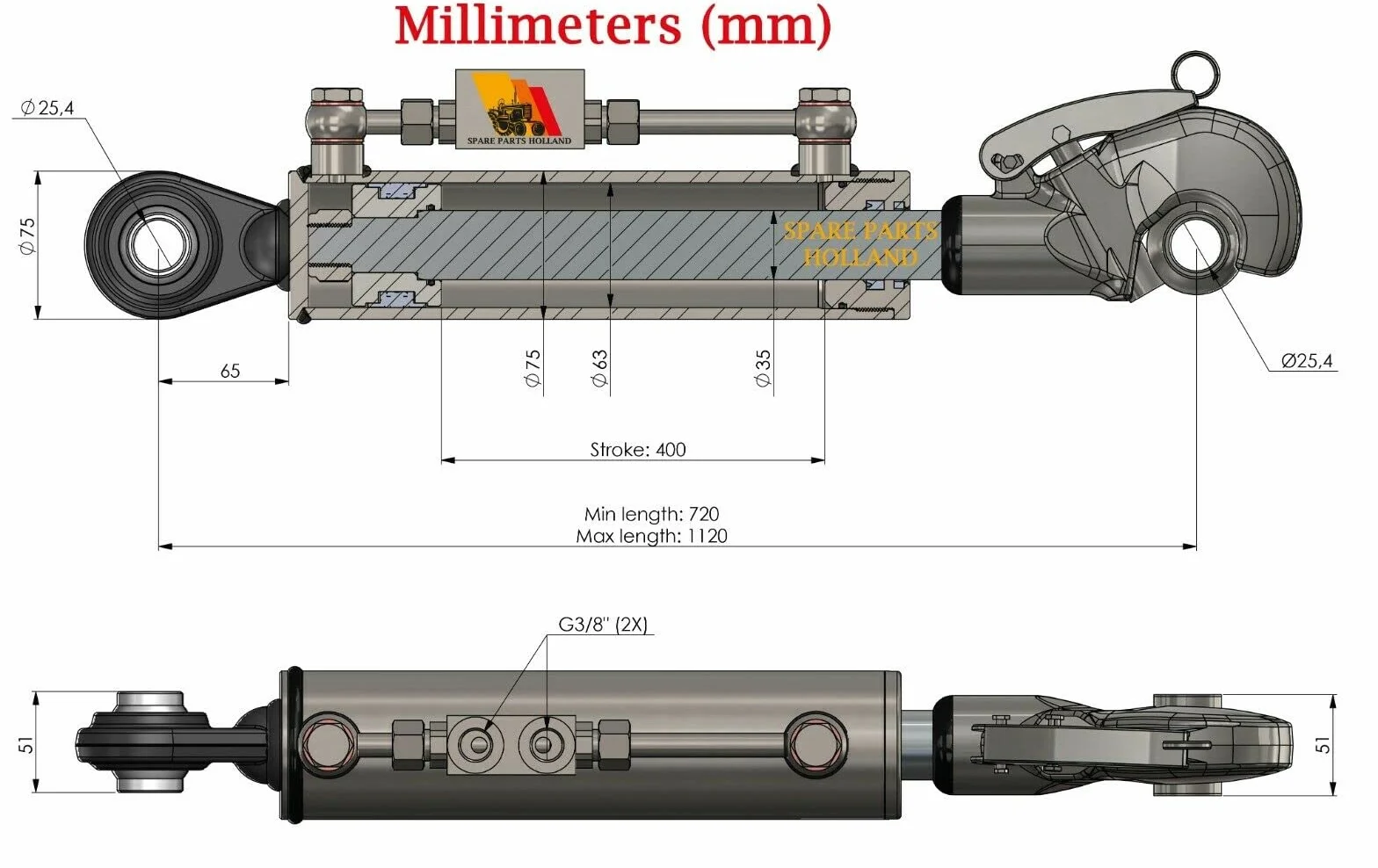 Tercer Punto Hidráulico Cat 2-2 (720 - 1120 mm) con Engaches Rápido, Bloque de Bloqueo y 2 Mangueras