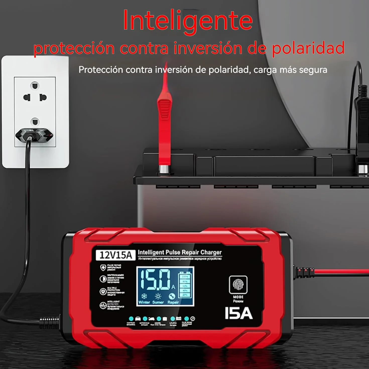 Cargador Baterias Coche 15A - Inteligente Cargador Bateria Moto 12V 15A, Compensación de Temperatura, Apto para Baterías de Plomo-ácido y de Fosfato de Hierro y Litio, Barcos y Motocicletas