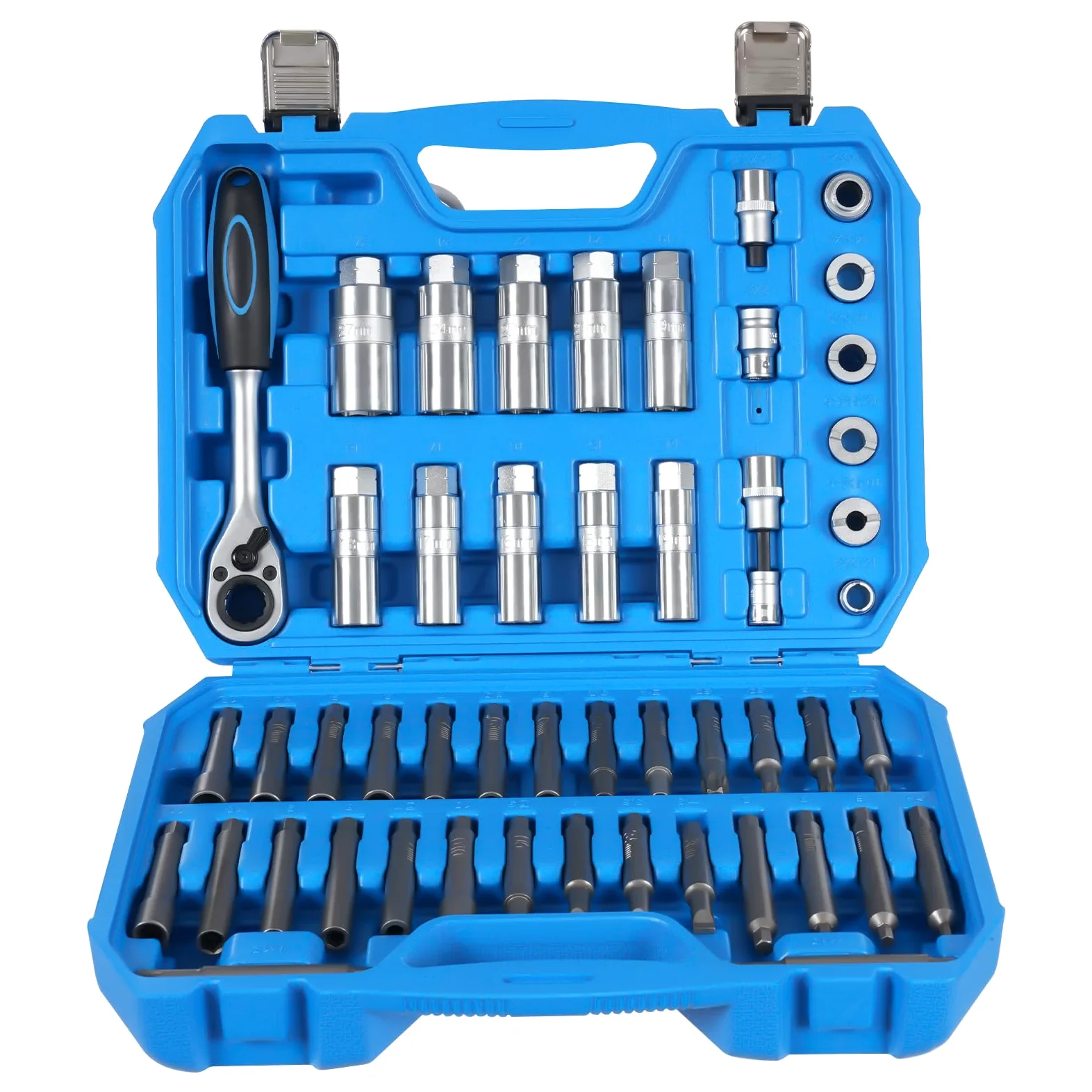 Juego de herramientas de amortiguador, 50 piezas, herramienta de desmontaje de amortiguadores de coche, herramienta de desmontaje de tuerca con adaptadores de trinquete, compatible con una amplia gama