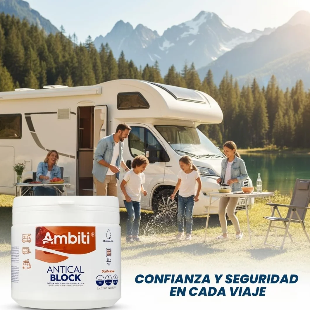 Ambiti | Antical Block | Tabletas para Eliminar y Prevenir la Cal en Depósitos de Agua Limpia, Grises | Ideal para Cisternas, Caravanas y WC |Mejora la Calidad del Agua |30 Pastillas de 9 gr