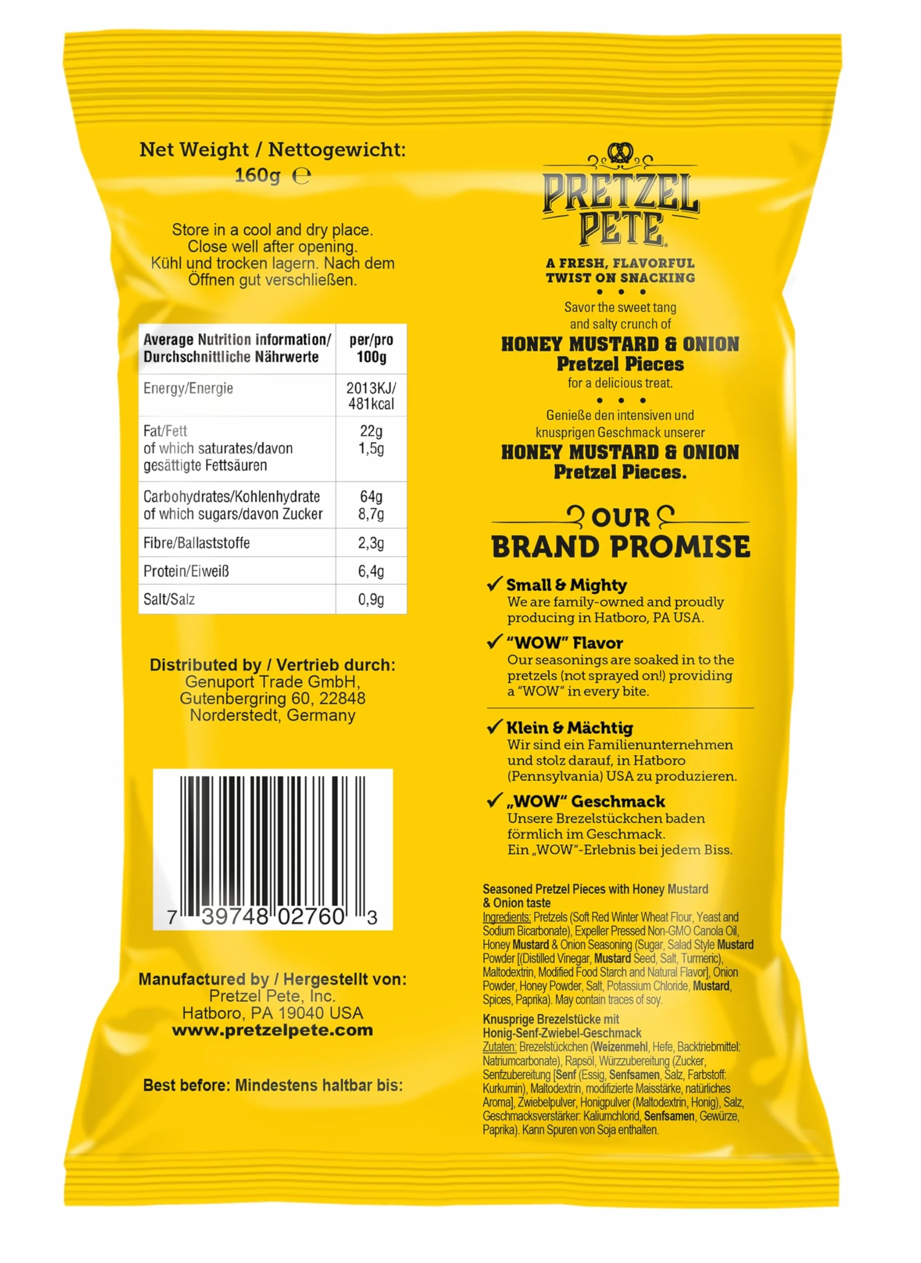 Pretzel Pete Honey Mustard & Onion pretzel con sabor a mostaza de miel y cebolla 160g