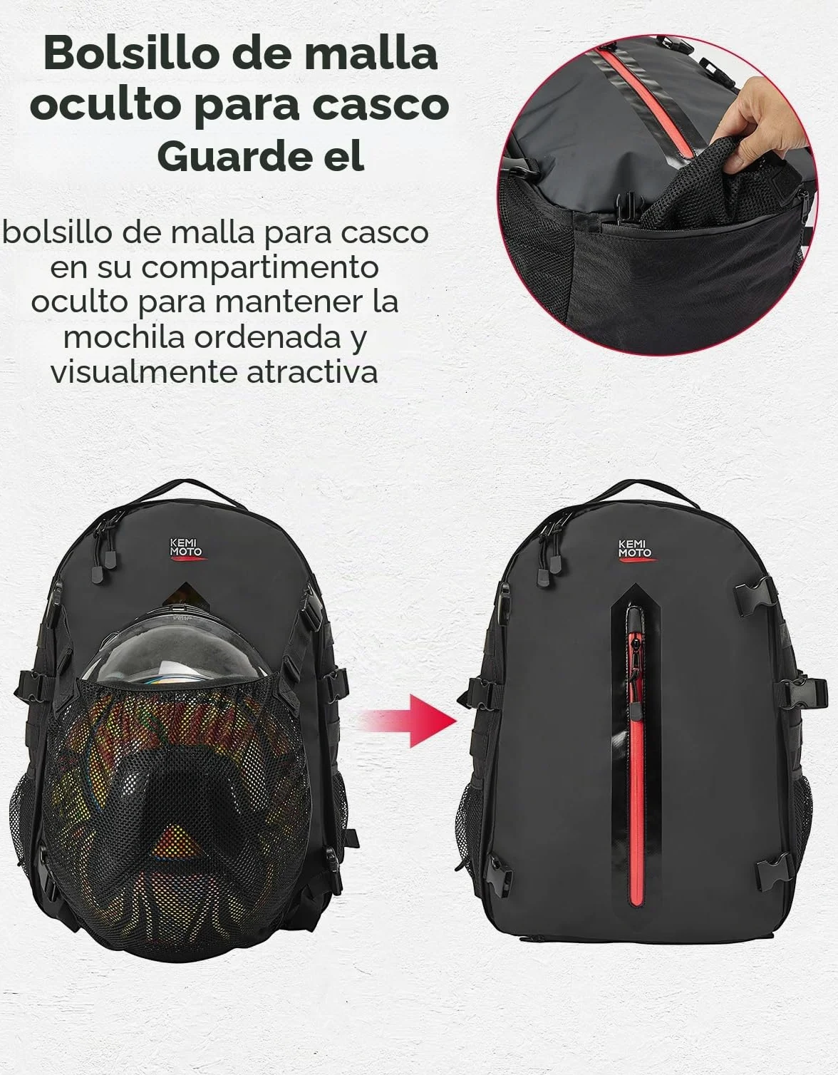 KEMIMOTO Mochila Casco de Moto, Bolsa de 35L con Red Oculta, Soporte Grande para Cascos