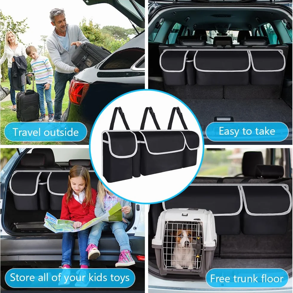 URAQT Organizador de Maletero de Coche, Bolsa de Almacenamiento Plegable para Coche con 4 Bolsillos, Bolsa Impermeable para Maletero del Asiento Trasero, 3 Correas de Hombro Ajustables