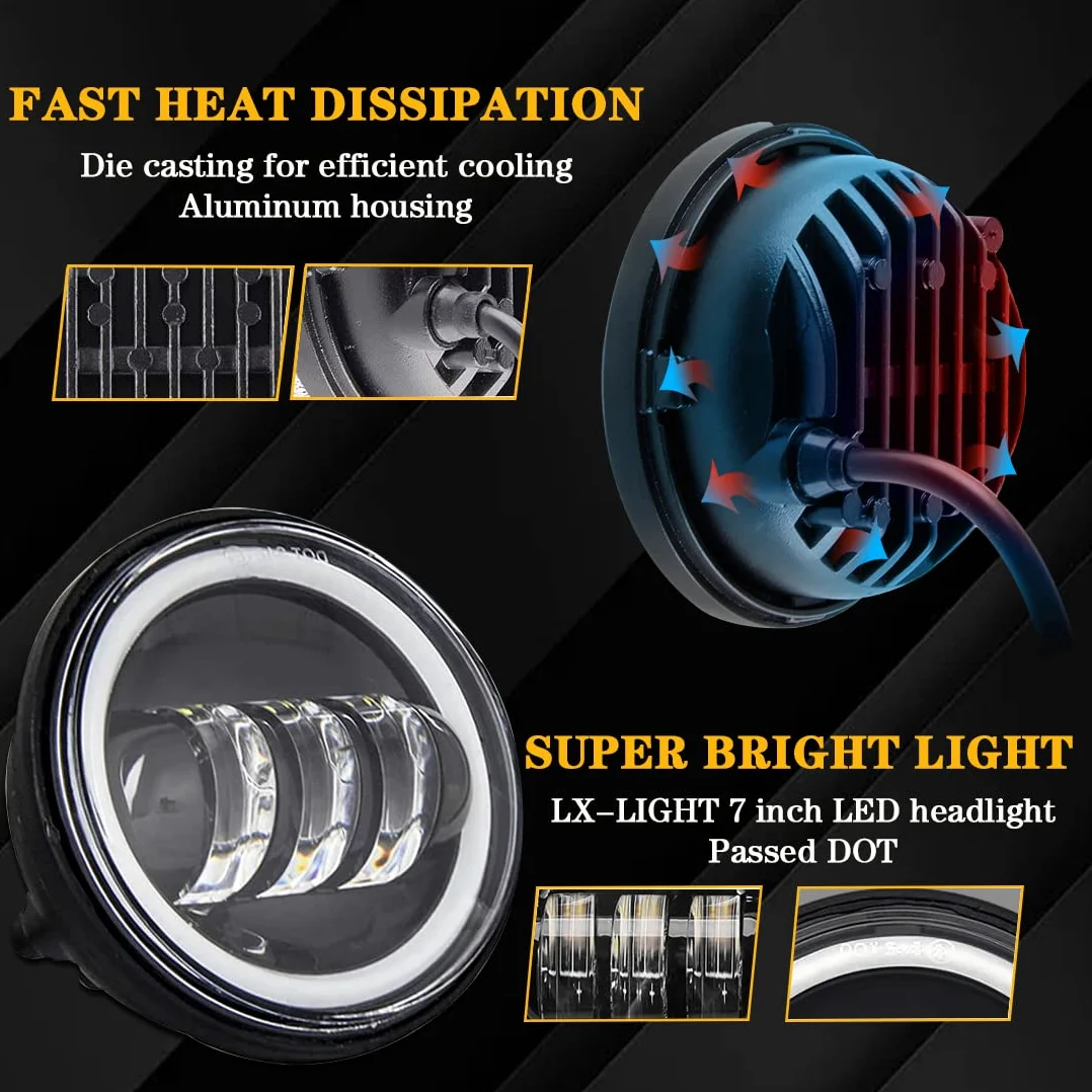 Faros delanteros led de 17,8 cm negros Harley Daymaker y 2 faros antiniebla de 11,50 cm aptos Compatible con motocicleta Harley Davidson Road King (1 juego) | Faro principal de 7 pulgadas + 2 faros antiniebla de 4,5 pulgadas. Negro. Compatible con Harley