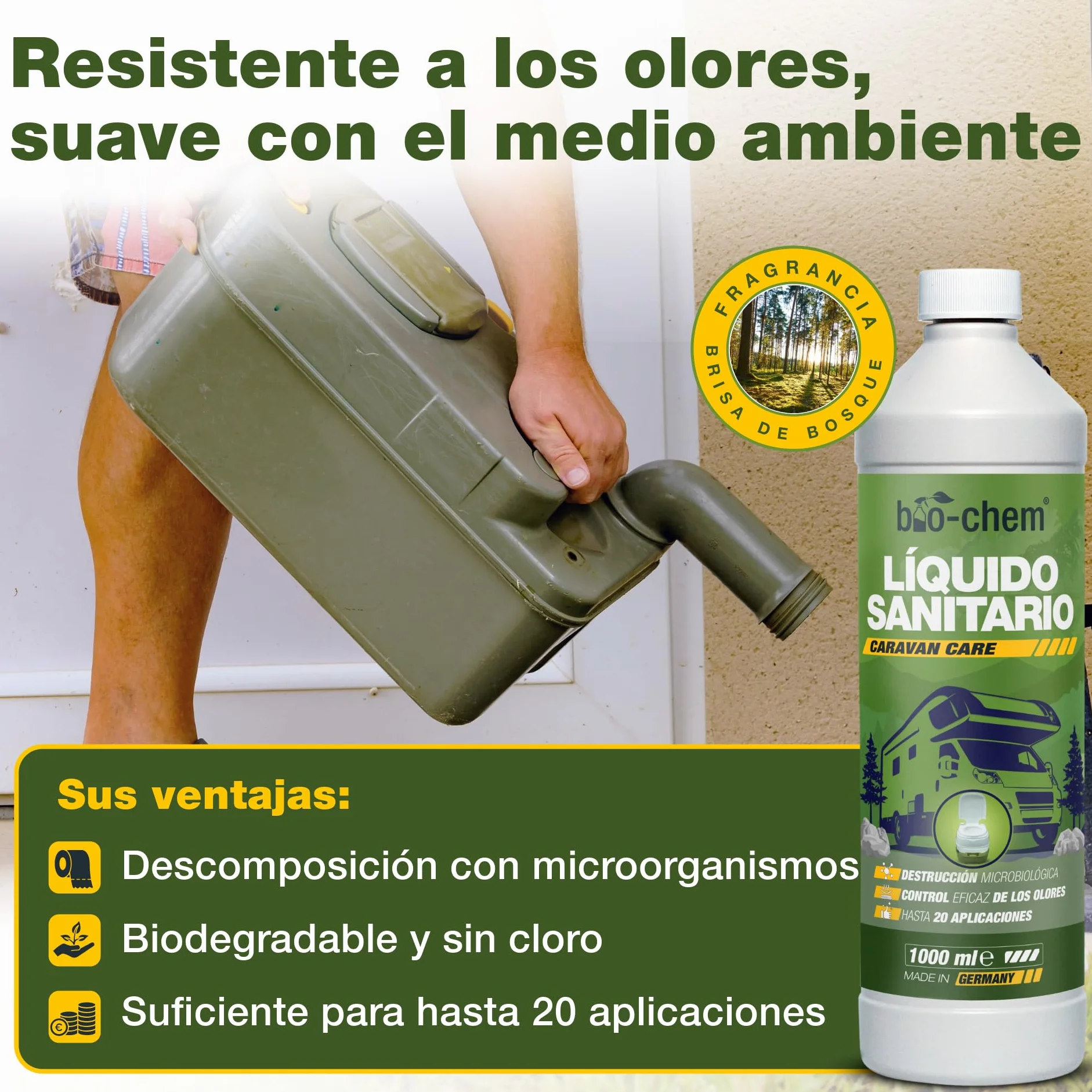 Bio-Chem - Set de 3 Productos de Limpieza para aseos higiénicos de autocaravanas - Limpiador para depósitos de Agua Dulce de caravanas - Limpiador para Aguas Grises - Líquido Sanitario