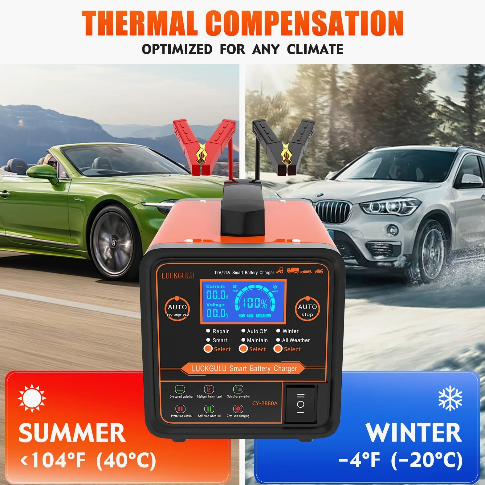 Cargador de batería de coche 12V/24V 20A, equipo automático de carga y mantenimiento de alta resistencia con modo reparación, programa de invierno y parada automática; cargador rápido para coches, cam