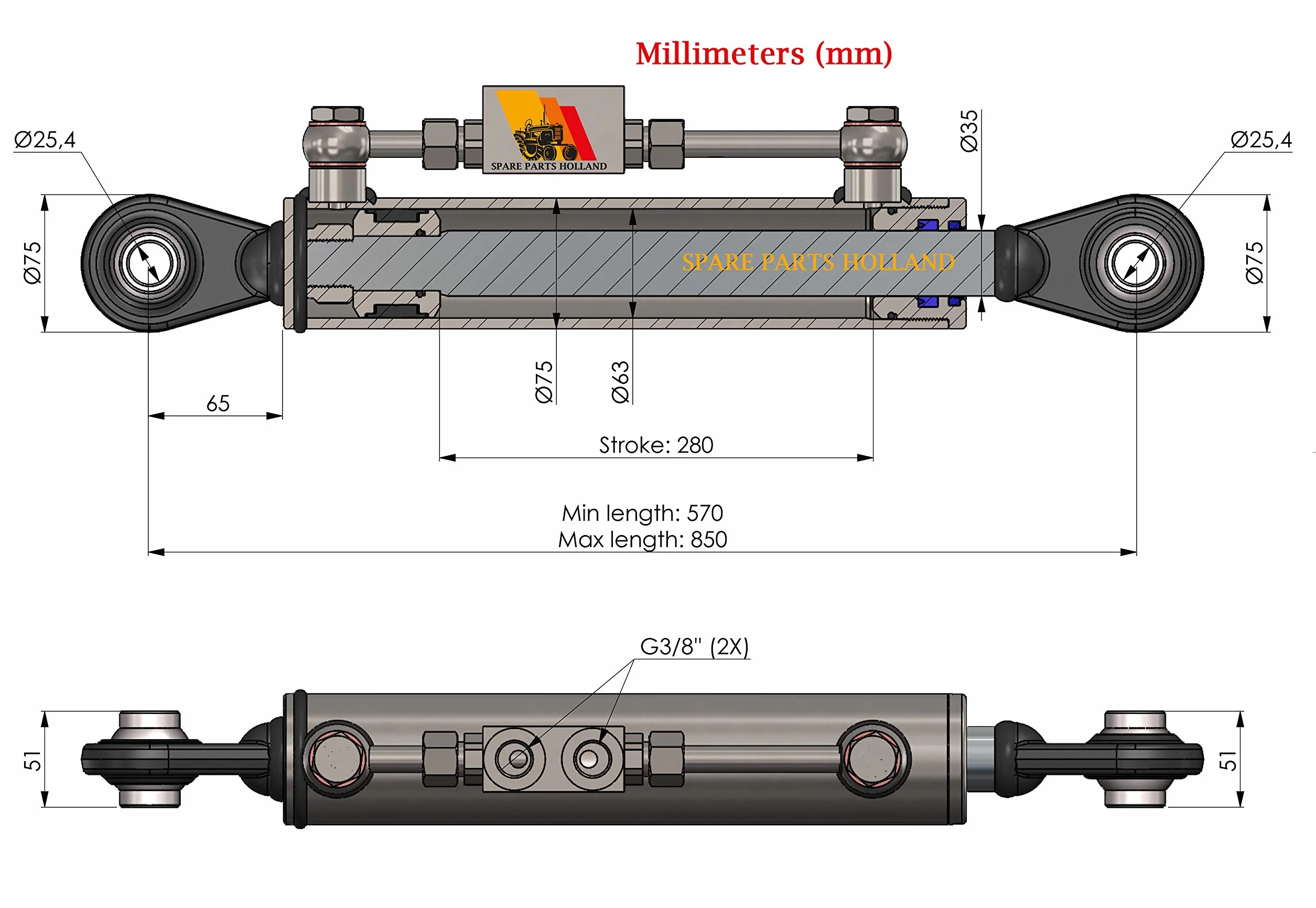 Cat Tercer Punto Hidráulico 2-2 570-850 mm Bloque de Bloqueo 2 Mangueras
