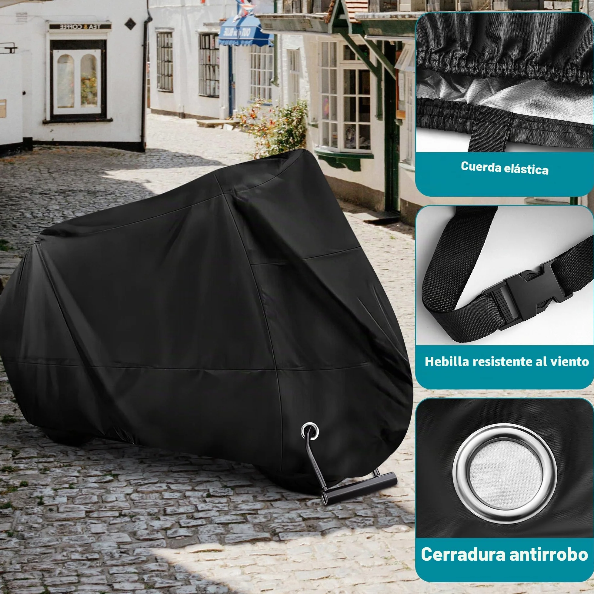 Funda Moto Impermeable Cubre Moto Impermeable Exterior Interior 210D Poliéster Capa Protector Lluvia UV Polvo Viento Nieve Excremento de Pájaro para Cubre Scooter Motocicleta (245x105x125cm)