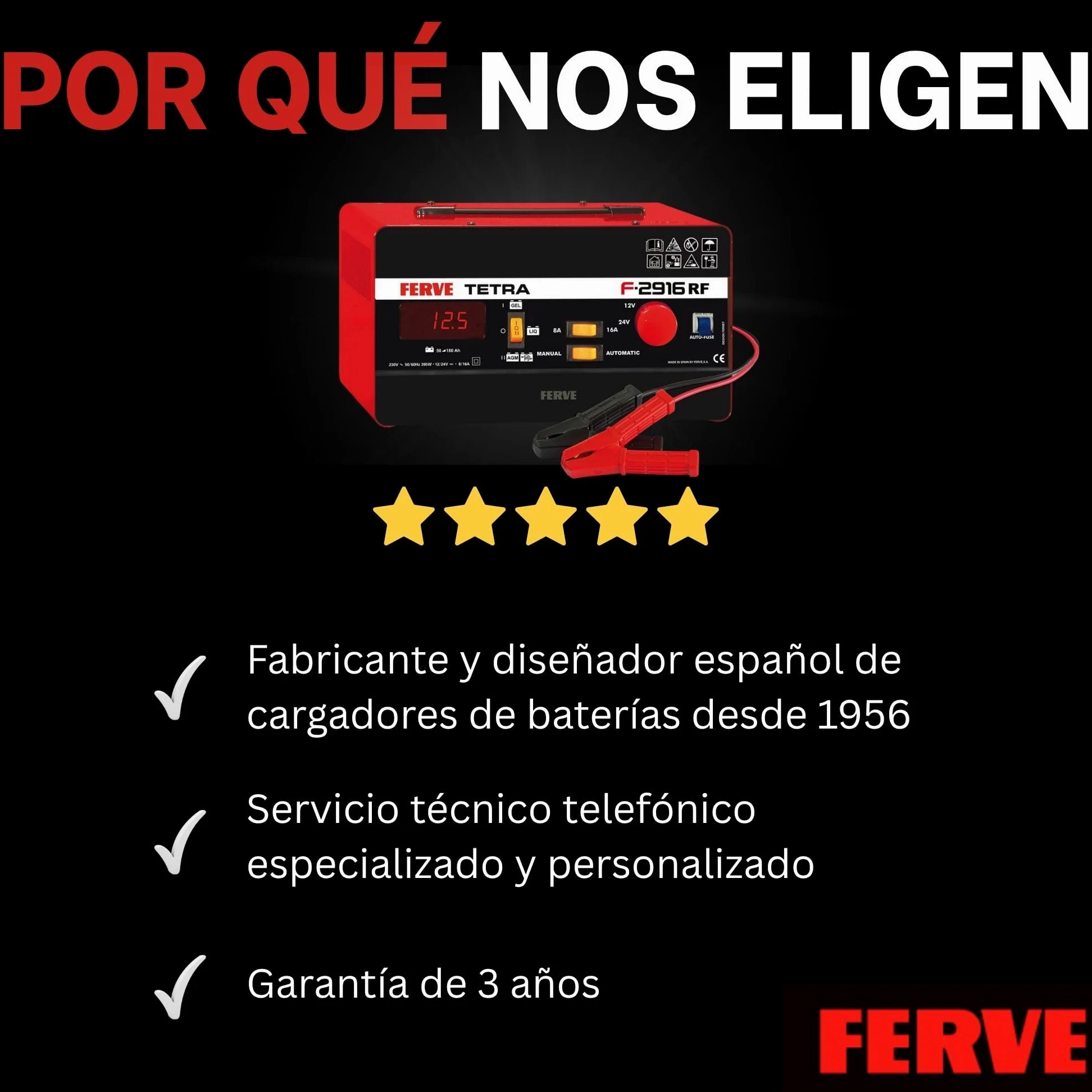 Ferve F-2916 Cargador de Bateria Manual y Automático - Mantenedor Inteligente 8-16A 12/24V - Ideal para Auto, Moto y Camión – Test de Batería y Alternador - Tecnología RF - Para Baterías Plomo-ácido