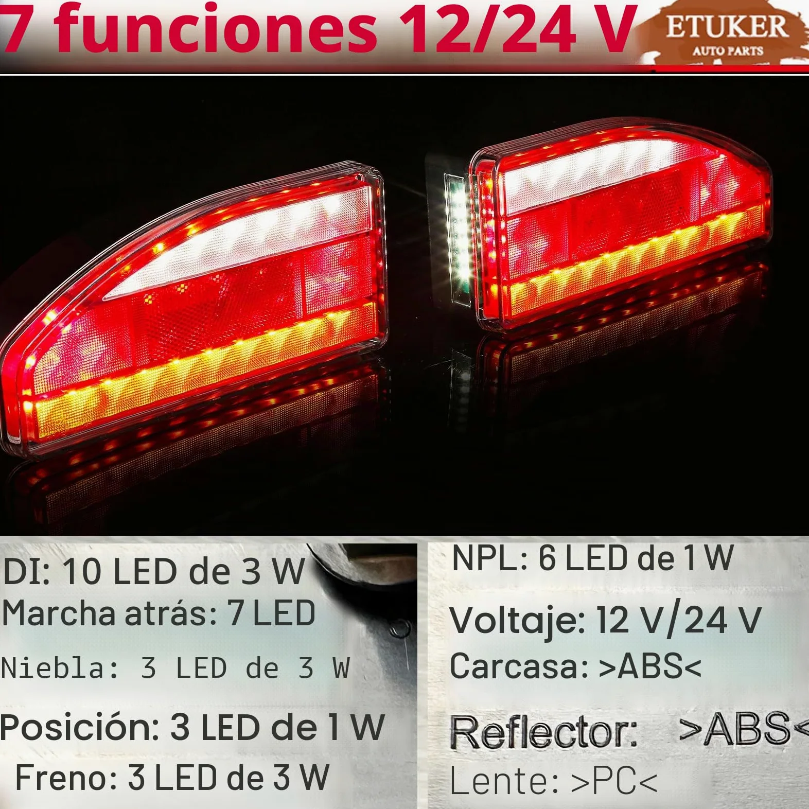 Pilotos Traseros Remolque 13pines LED 12/24V Homologados 7Funcione Luz Antiniebla/Piloto Marcha Atrás/Luces de Matrícula