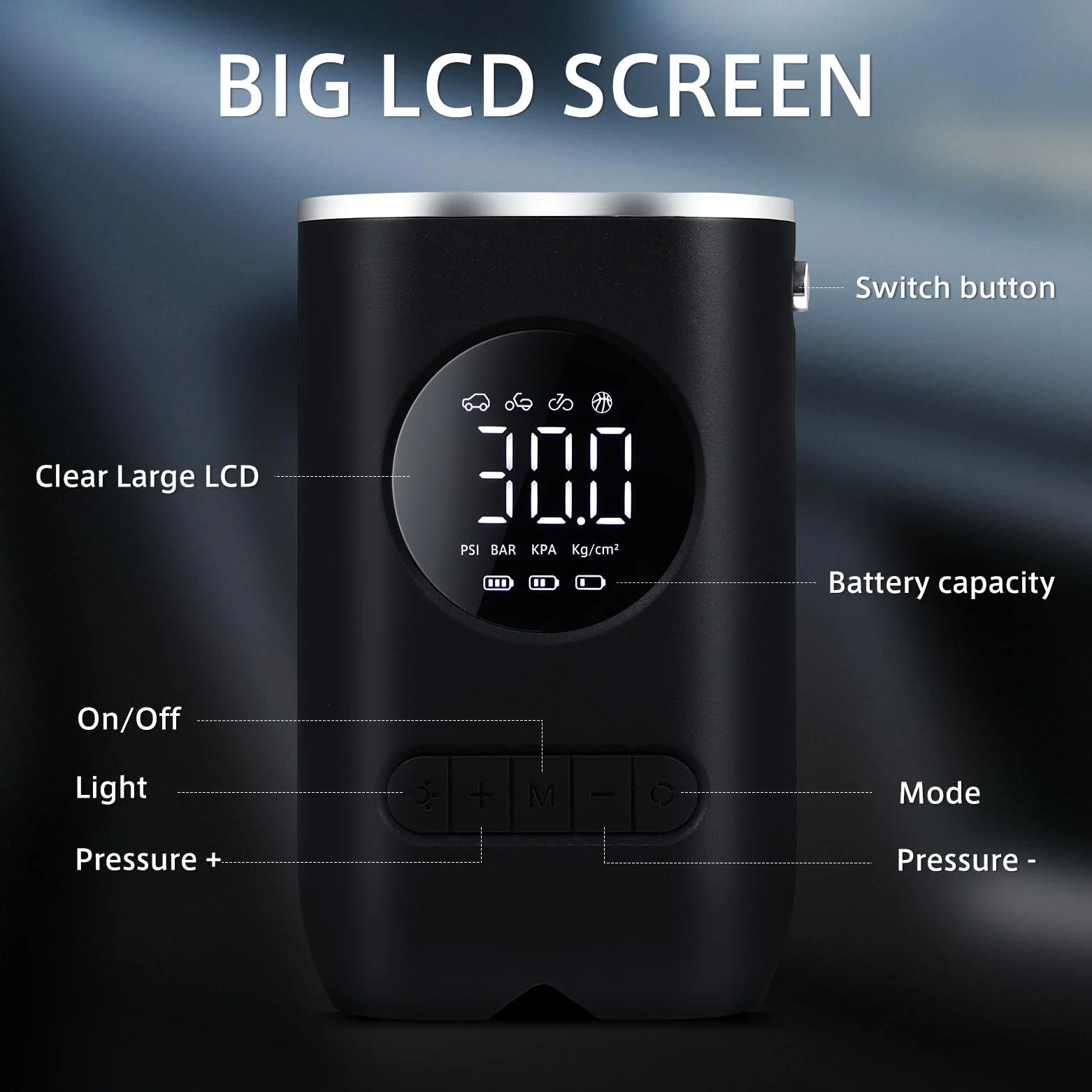 Inflador de Neumáticos Portátil para Coche Inalámbrico Digital Negro | 4000mah, 7.4v y 70w, Pantalla LED de Alta Precisión, Boquillas Incluidas y Cable de Alimentación