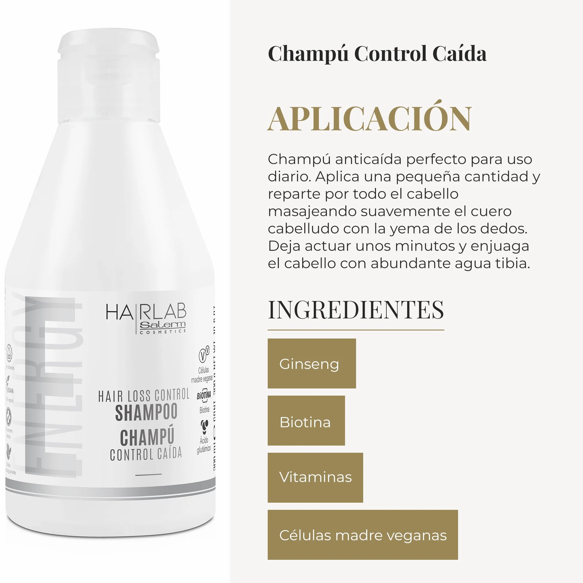 SALERM Champú Anticaída Control Caída Hair Lab 300 ml Fortalece Cabello Fino y Debilitado con Ginseng, Biotina y Vitaminas