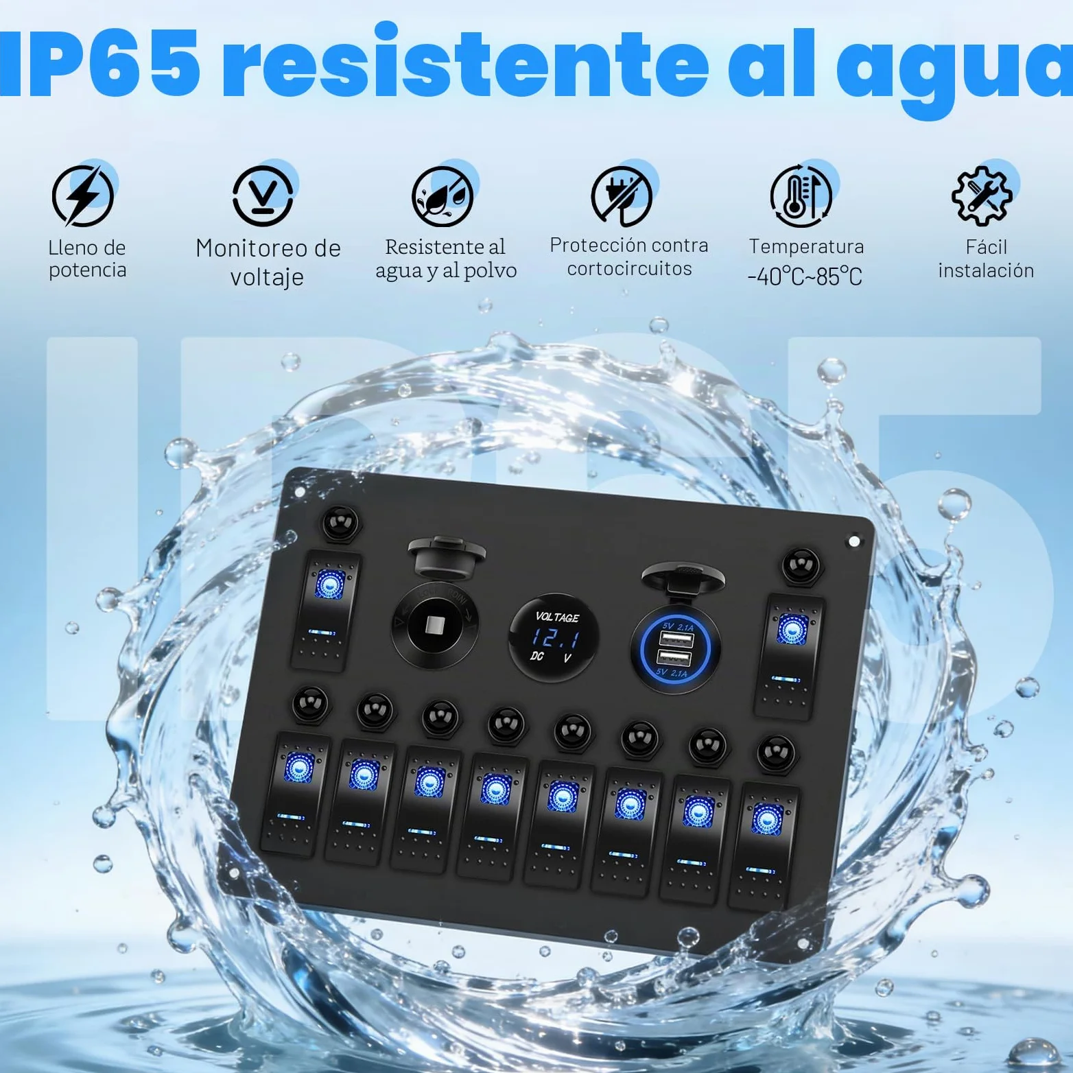 Geloo Panel de Interruptores 10Gang Impermeable Interruptor de Palanca 12V | con Interruptor Basculante, Disyuntor, Voltímetro, Toma de Encendedor, Cargador USB Doble para Barco Camper Coches Caravana