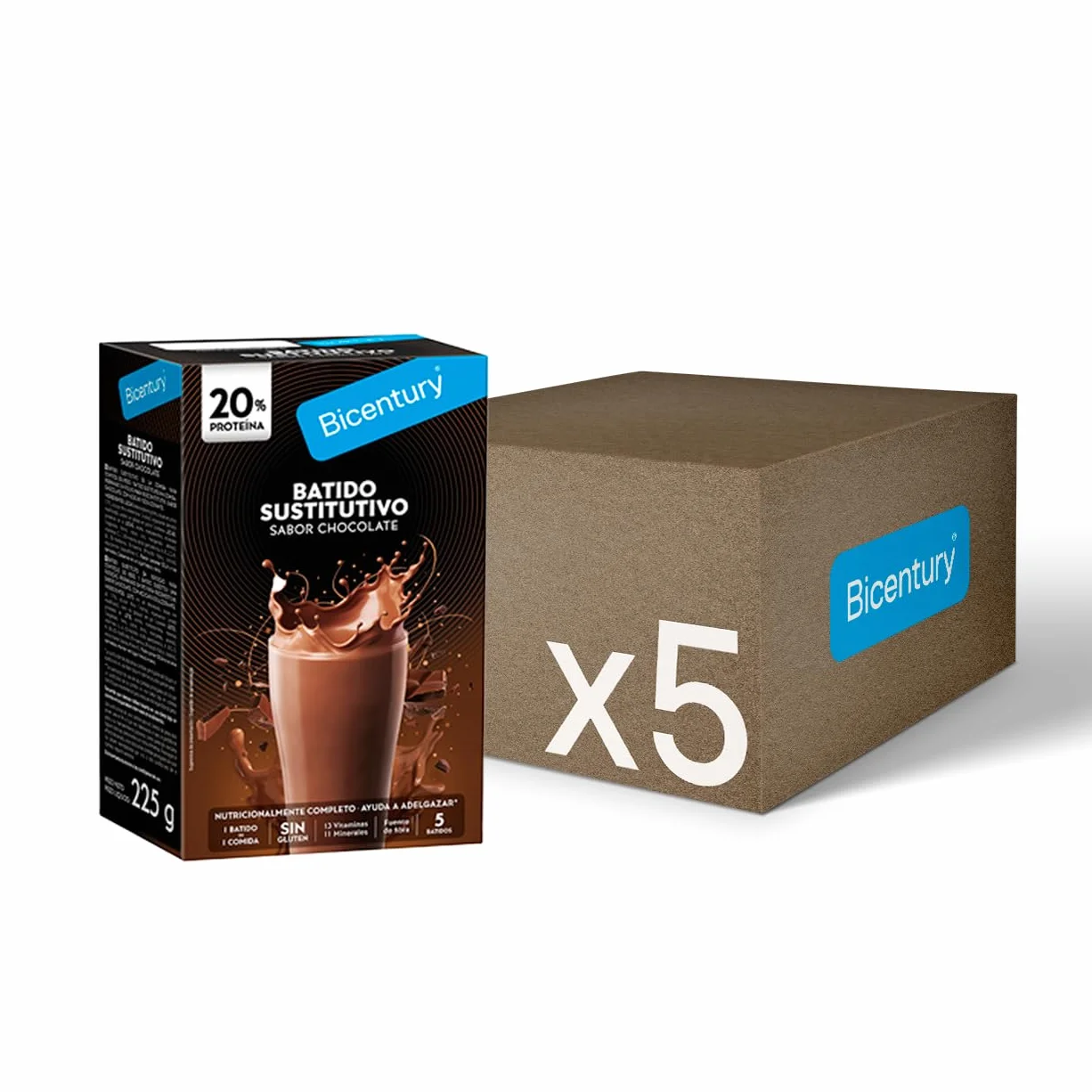 Bicentury Batido sustitutivo con Proteína sabor Chocolate, 16g proteína, nutricionalmente completo, Caja 5 unidades