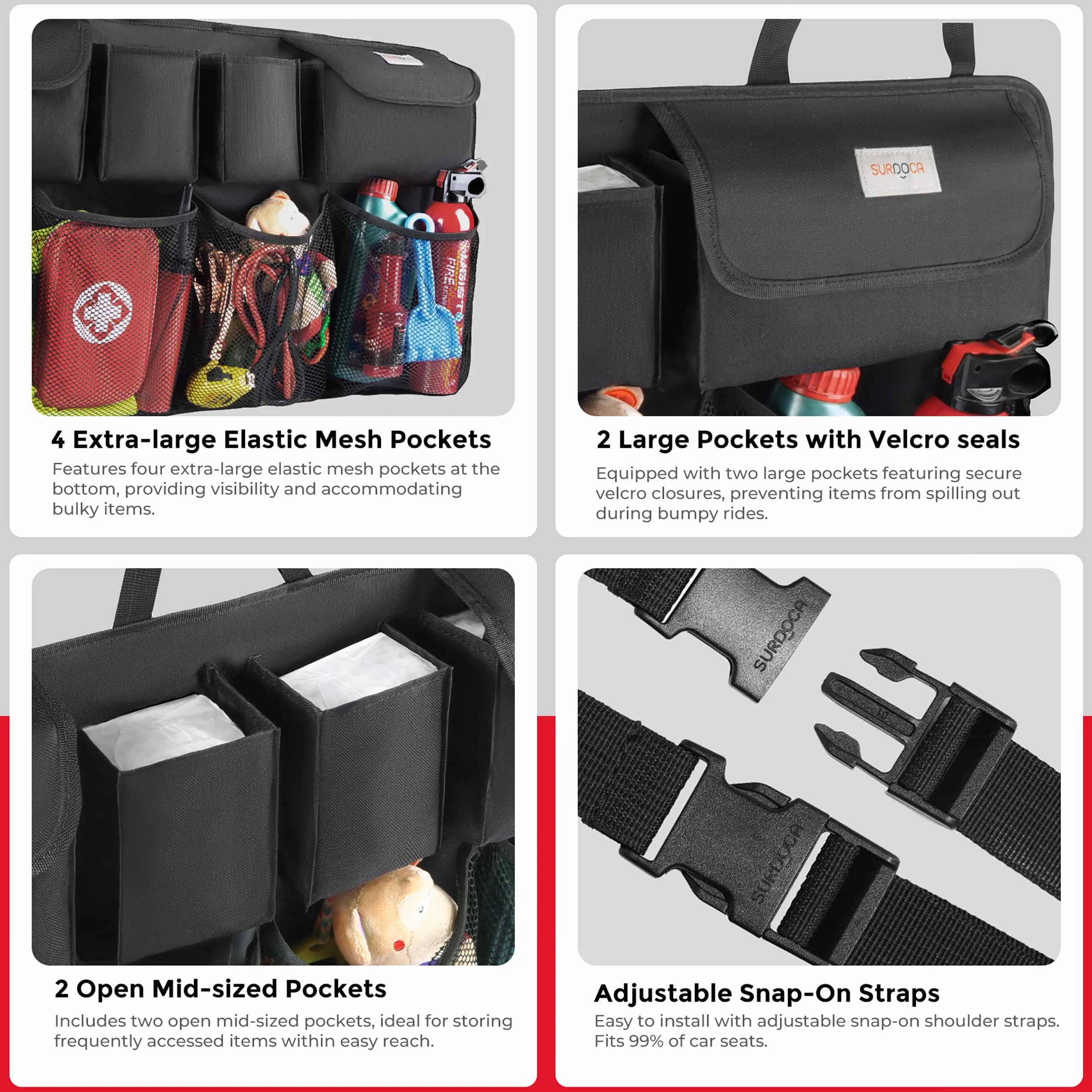 SURDOCA Organizador Coche, 4 Gen 110 * 48 cm Capacidad Extra Grande - XL, Organizador para Colgar en el Asiento Trasero del Coche, Experto en Ahorro de Espacio, Negro