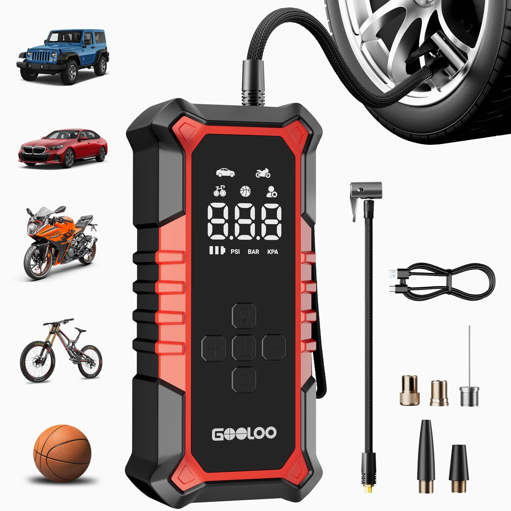 GOOLOO A6 Gear Mini Compresor Eléctrico 160PSI Pantalla Digital | Bomba Portátil 11 Bar, Apagado Automático, Inflador Electrico Con Luz LED, Para Bicicleta, Coche, Moto Y Balones