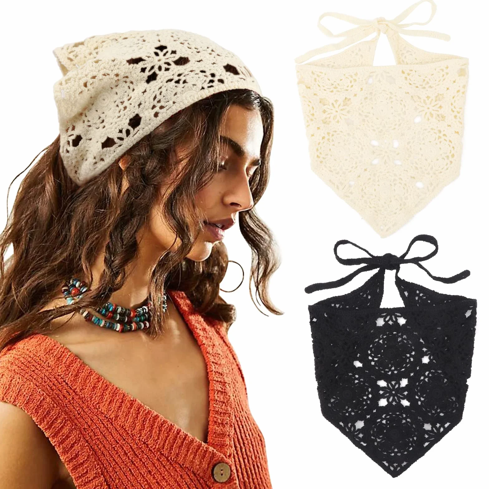 DRESHOW 2 Piezas Pañuelo de Cabeza Crochet Bandana Vintage Anudado Diadema Estampado de Fresas
