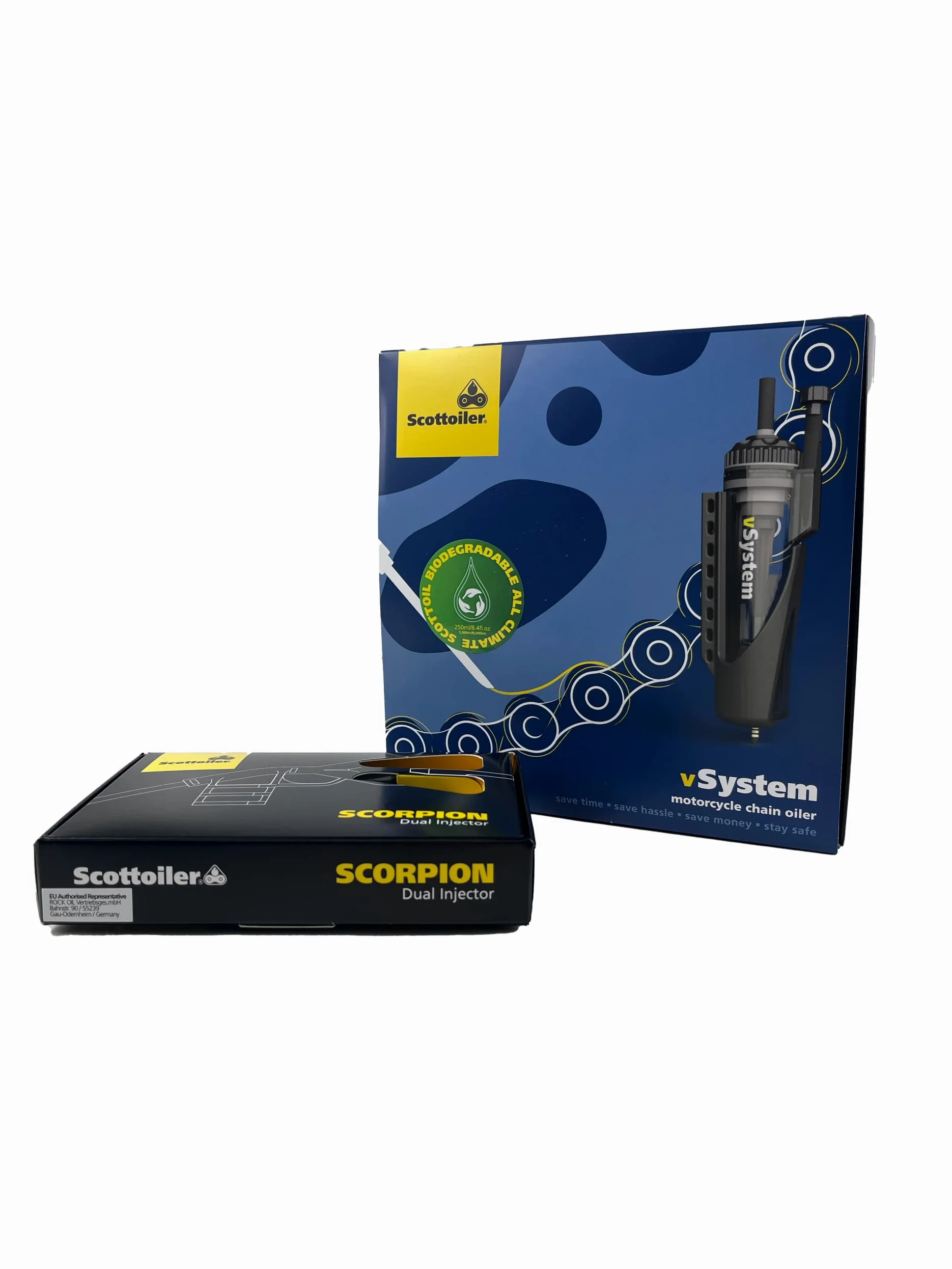 Scottoiler vSystem Sistema Automático de Lubricación de Cadena de Motocicleta con Scottoil Verde Biodegradable e Inyector Dual Scorpion - Bundle Aplicador de Alimentación Dual…