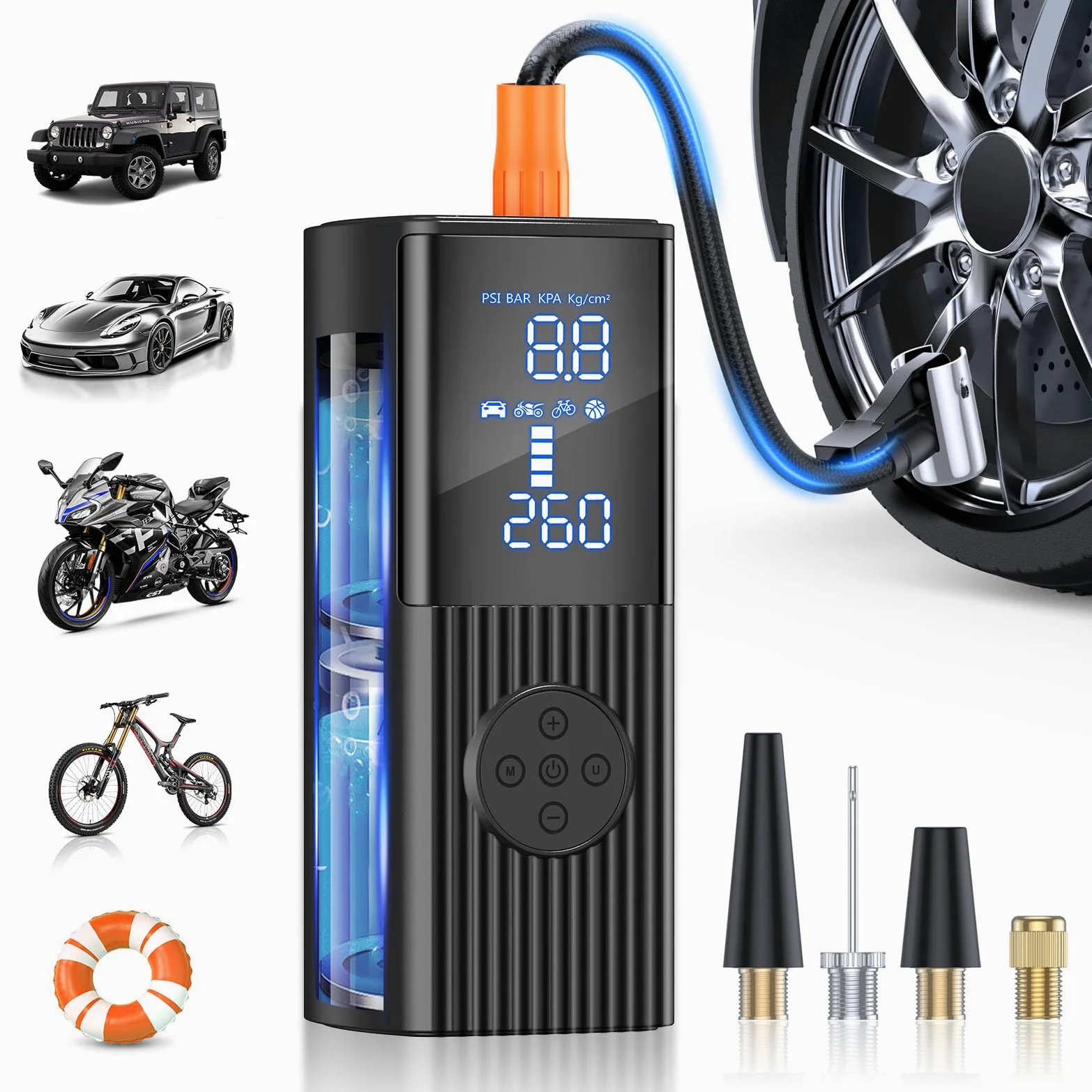 Compresor de aire portátil inflador de neumáticos, compresor de aire portátil de 180 PSI con batería de 25000 mAh, bomba de aire inalámbrica de inflado rápido 3X para coche, motocicleta, bicicleta