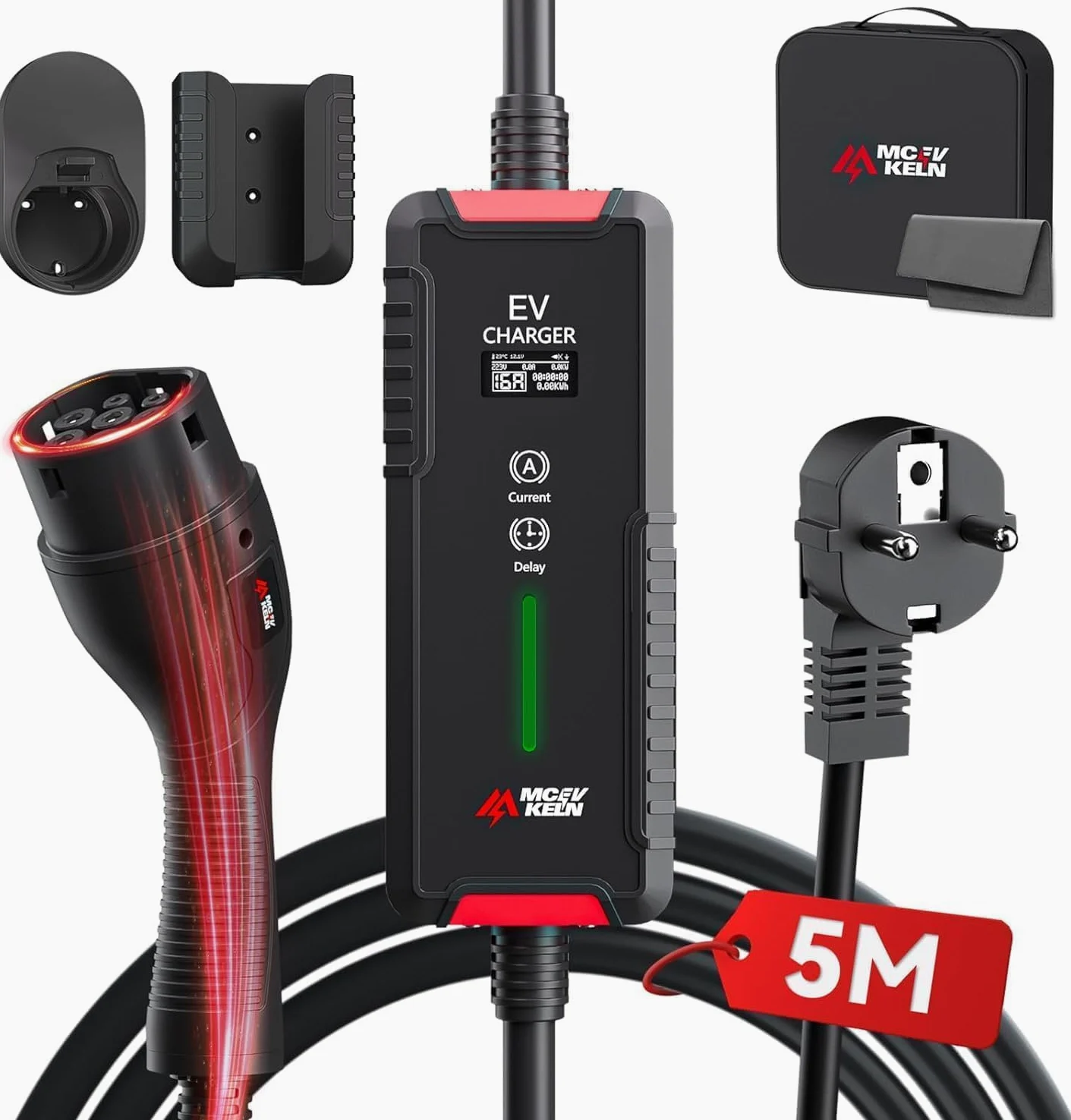 Cargador Coche Eléctrico Tipo 2 3,6kW 6~16A 5m Monofásico Cable Carga EV IEC 62196-2 Enchufe Schuko