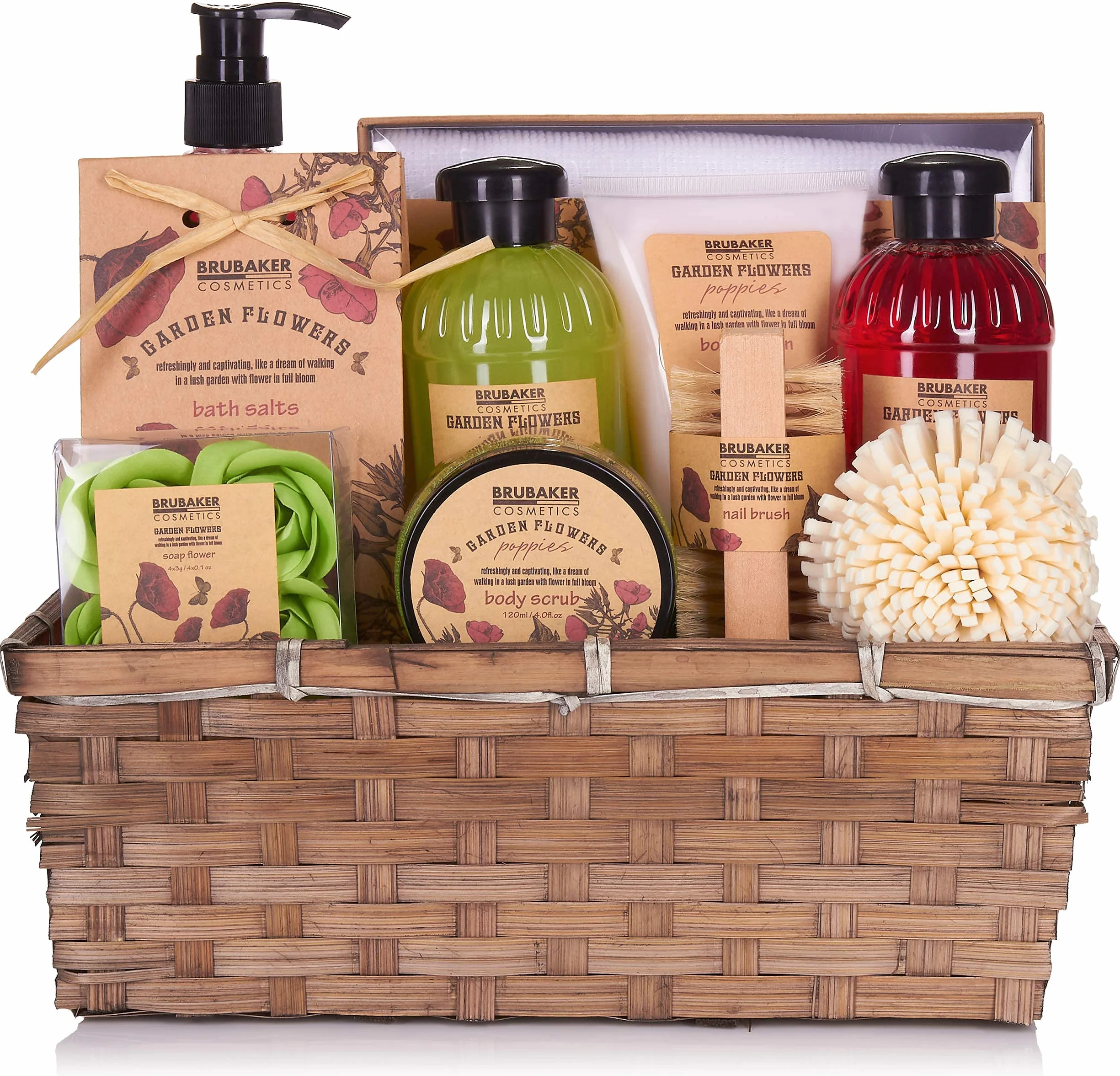 BRUBAKER Cosmetics Set de Baño y Ducha Garden Flowers 14 piezas Cesta Regalo Mujer