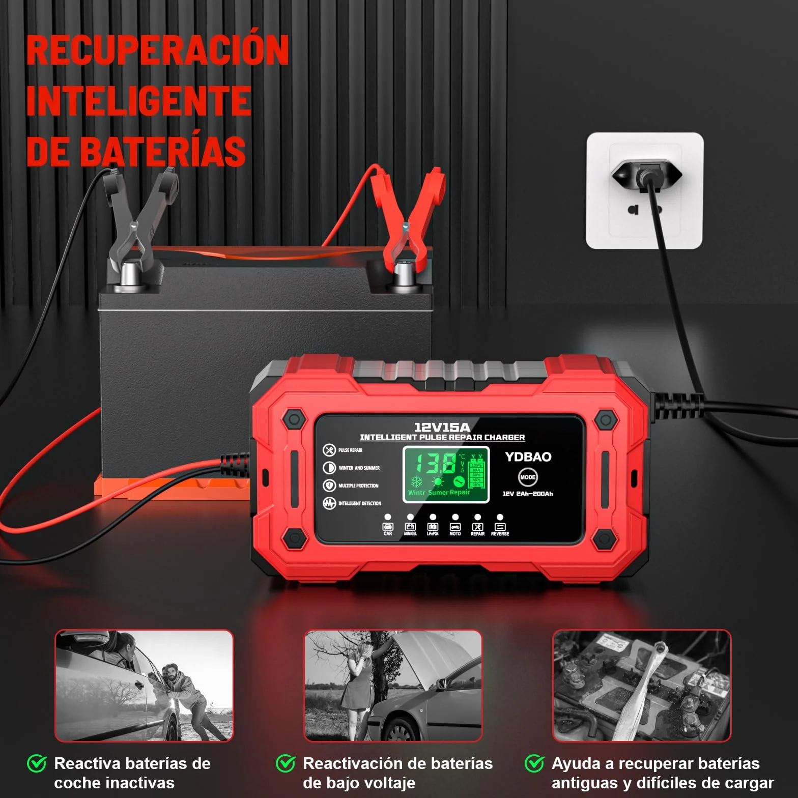 YDBAO 12V 15A Cargador de Batería de Coche Cargador Baterias Coche y Moto Inteligente con Reparación y Pantalla LCD y Múltiples Protecciones Cargador bateria para Coche Moto AGM SLA Gel LiFePO4