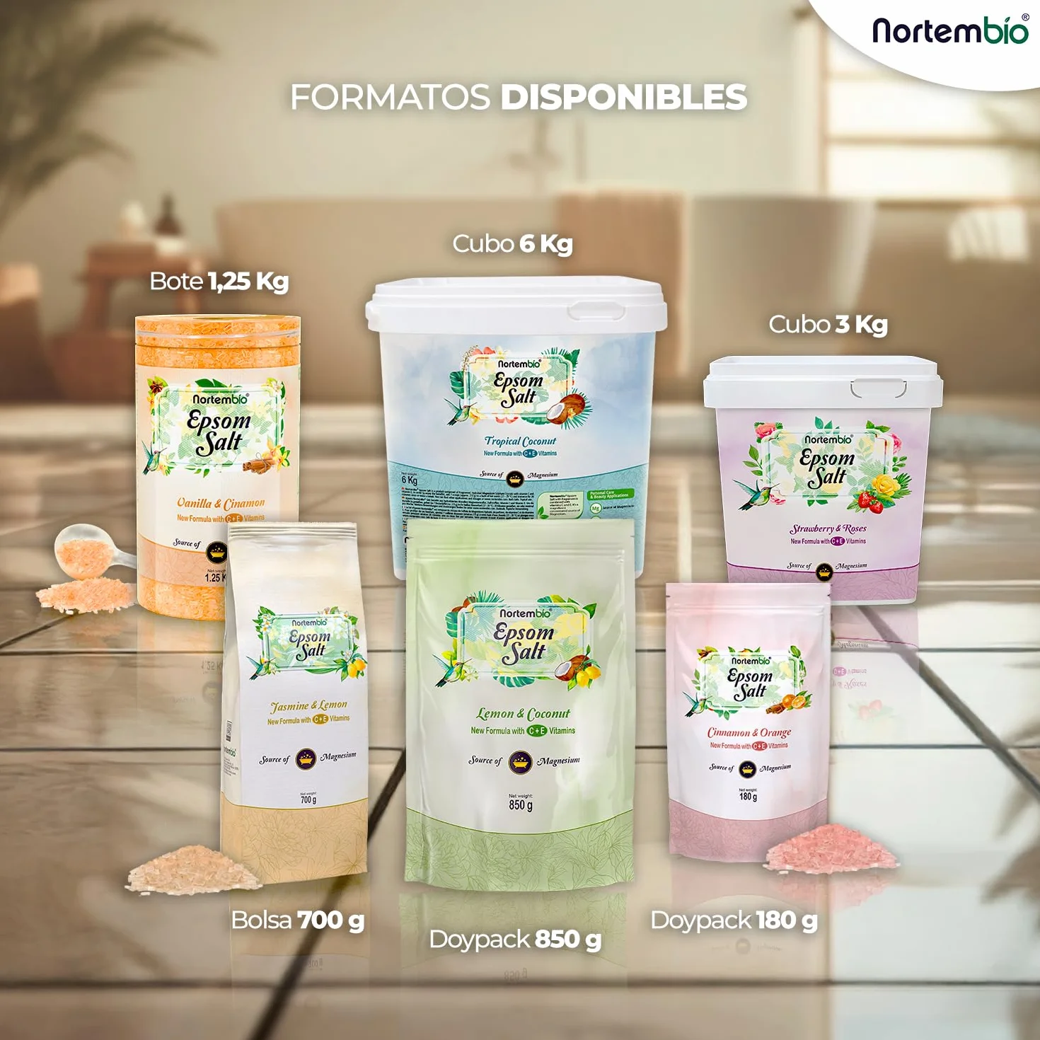 Nortembio Sales de Epsom con Fragancias 6 kg Sal de Magnesio Premium para Baño Relajante y Cuidado Muscular Vainilla y Canela