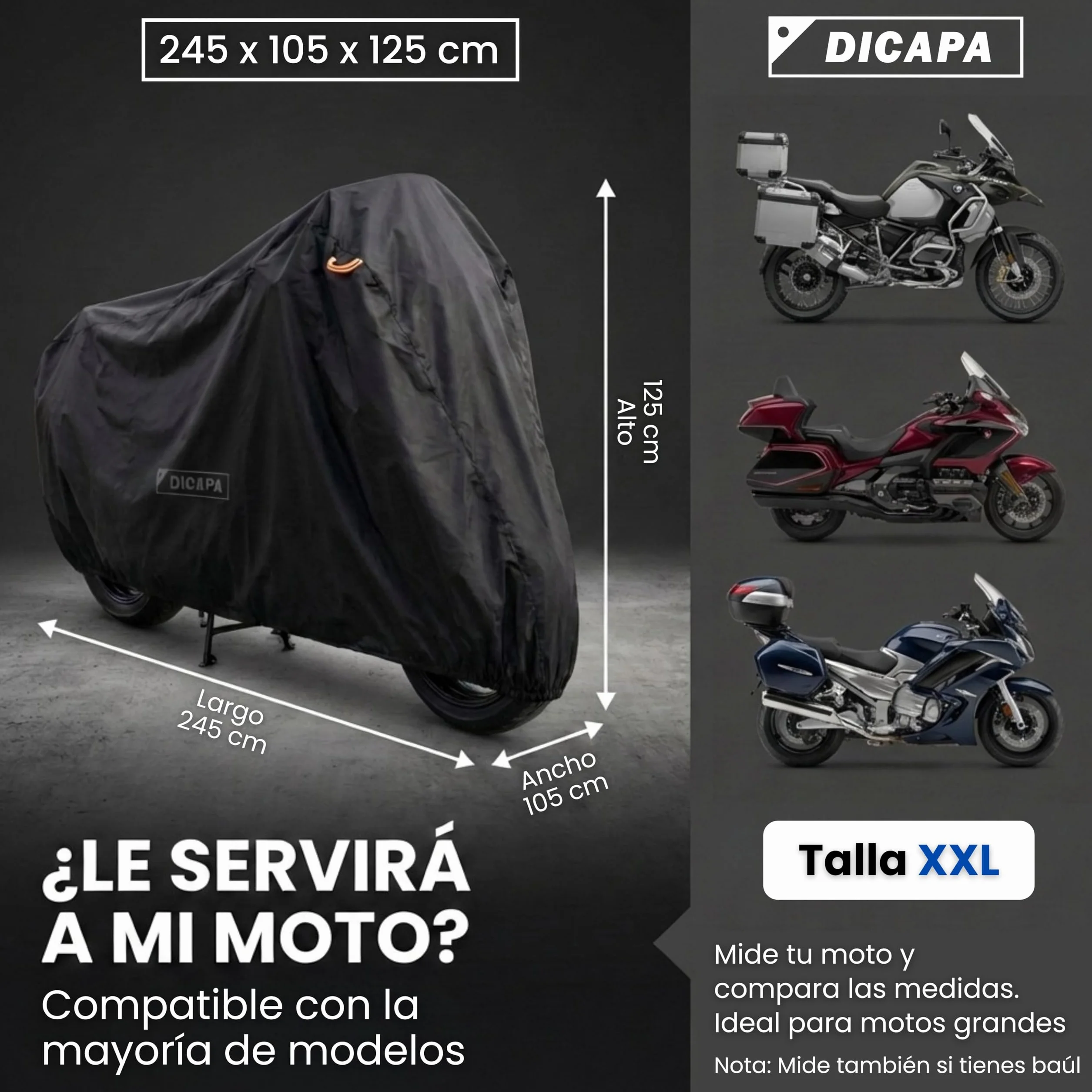 DICAPA Funda Moto Impermeable 245x105x125cm (XXL) Resistente al Agua, Viento, Nieve y Rayos UV. Funda para Moto con Sistema Antirrobo y Cierre Elástico