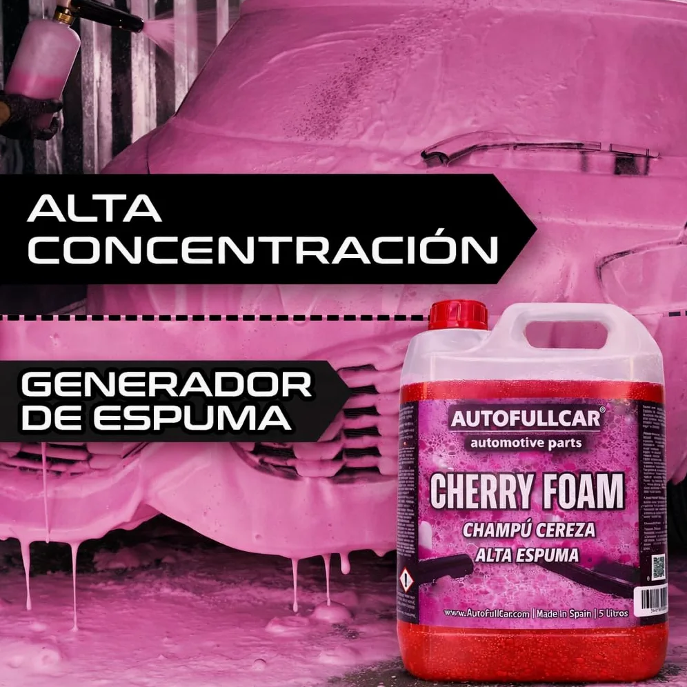 AutoFullCar Cherry Foam 5 Litros, Champu Espuma Activa Coche Rosa, Limpiador Alcalino Alta Concentracion, Lavado Carroceria, Uso con Lanza Foamer o Cubo, Encapsula Suciedad
