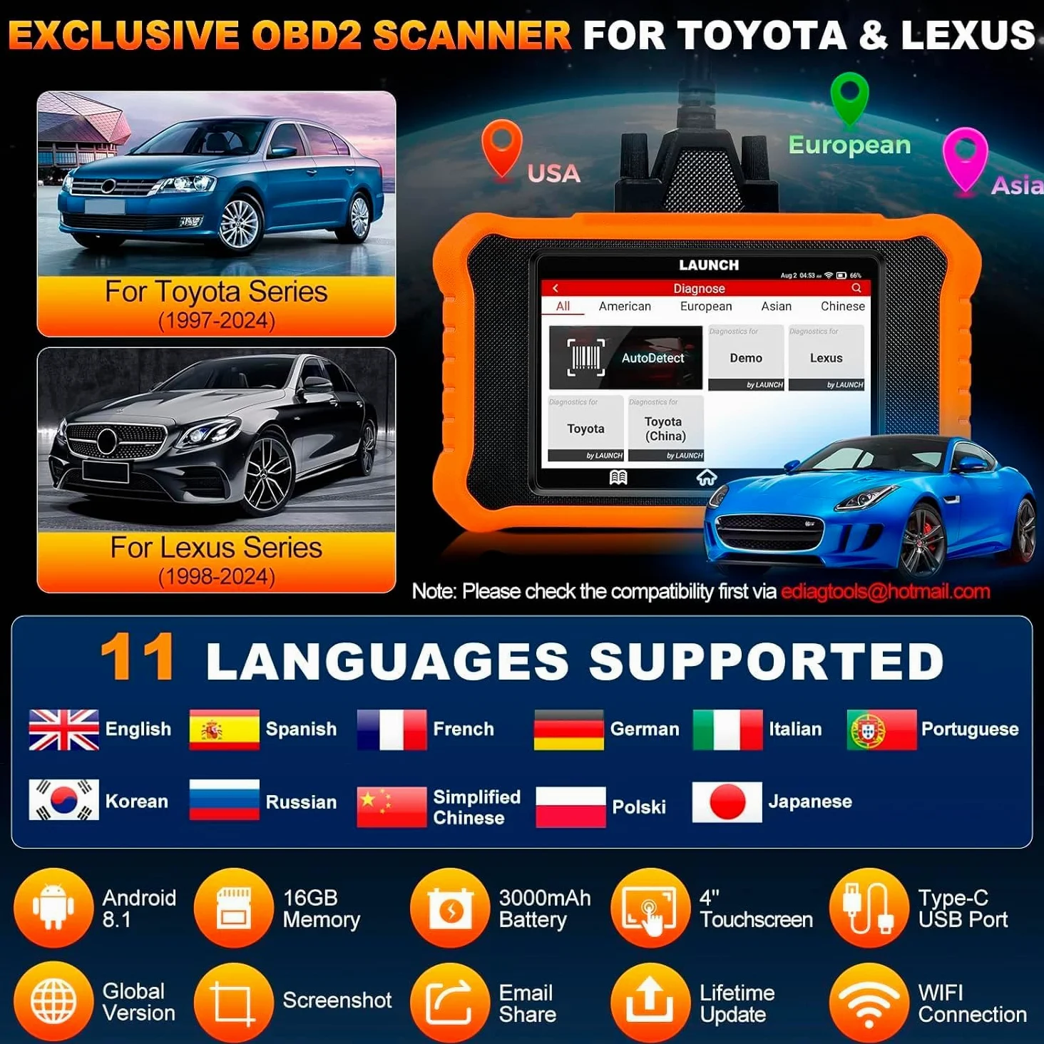 LAUNCH X431 Elite V2.0 OBD2 Diagnóstico de Todo Sistema para Toyota, Función de Todo Reinicio, Bidireccional, Codificación ECU Reset de Aceite Registro de Batería Escáner