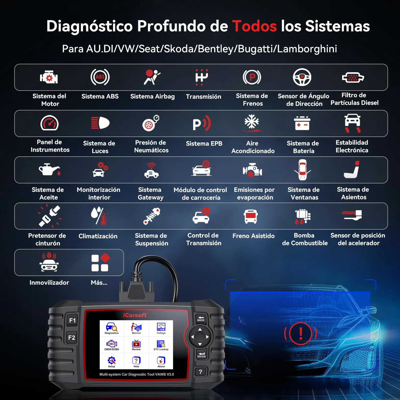 iCarsoft VAWS V3.0 OBD2 Máquina Diagnosis Coche para V.W/AU.DI/Skoda/Seat, Bidireccional Escáner de Todo el Sistema, 42 Funciones Reinicio, Prueba de Batería, Auto Vin, Actualizaciones de por Vida