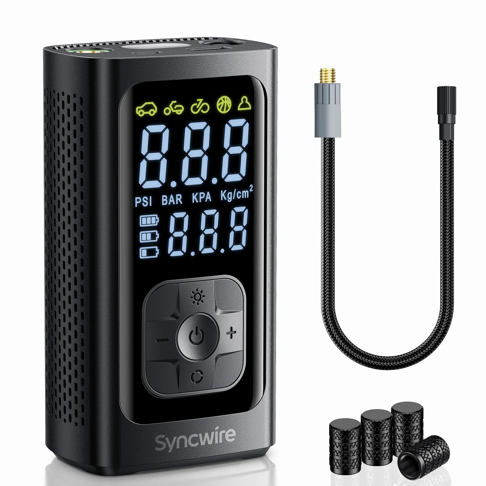 Syncwire Compresor Aire Portatil - 10.35Bar máx Inflador Electrico Compresor Aire Inflación Más rápido Bomba Aire para Coche, Motos, Bicicletas, Pelotas, con Tapas de Válvula de Neumáticos, LCD Grande