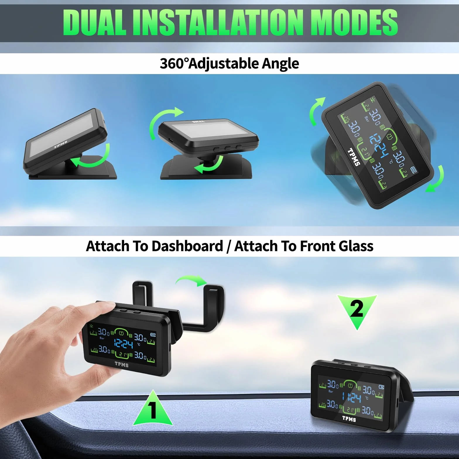 TPMS Sistema de Monitoreo de Presión de Neumáticos, Carga Solar/USB, 5 Funciones de Alarma, Auto On/Off, Compatible Caravana/Berlina/SUV/MPV (4 Sensores, 87 PSI)