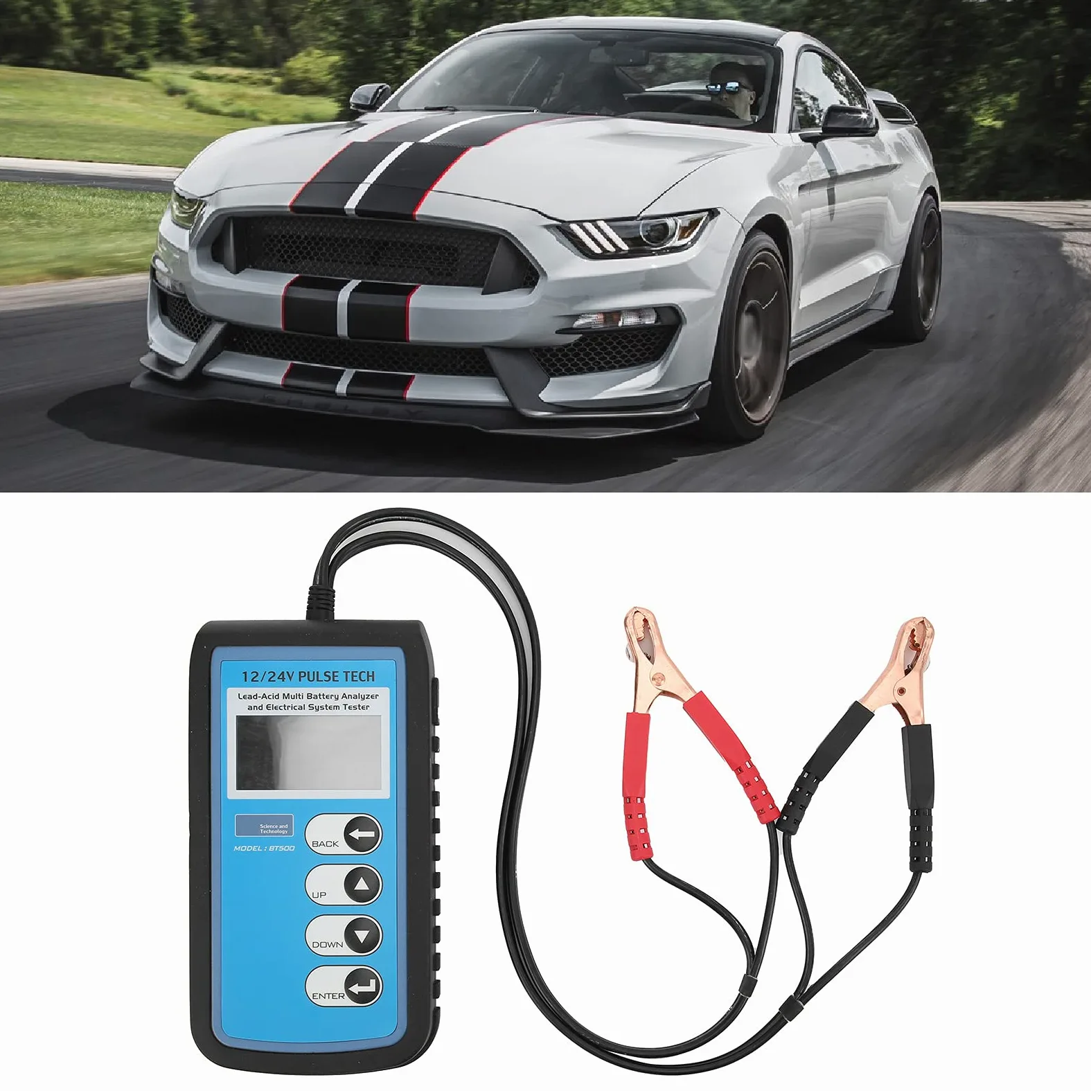 Comprobador de batería BT500, comprobador de batería de Coche de 12 V/24 V, analizador de batería automático con retroiluminación LED LCD para baterías estándar CCA DIN IEC EN