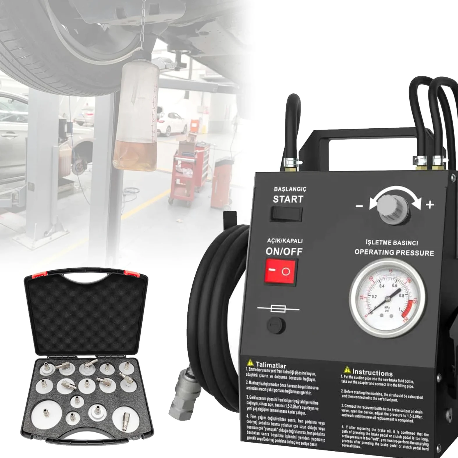Kit de purga automática de frenos, máquina de intercambio de líquido de frenos, purgador de presión de vacío de 0,6 a 5,0 bares, con adaptador para cilindro maestro de 16 pulgadas. PackageB-Black