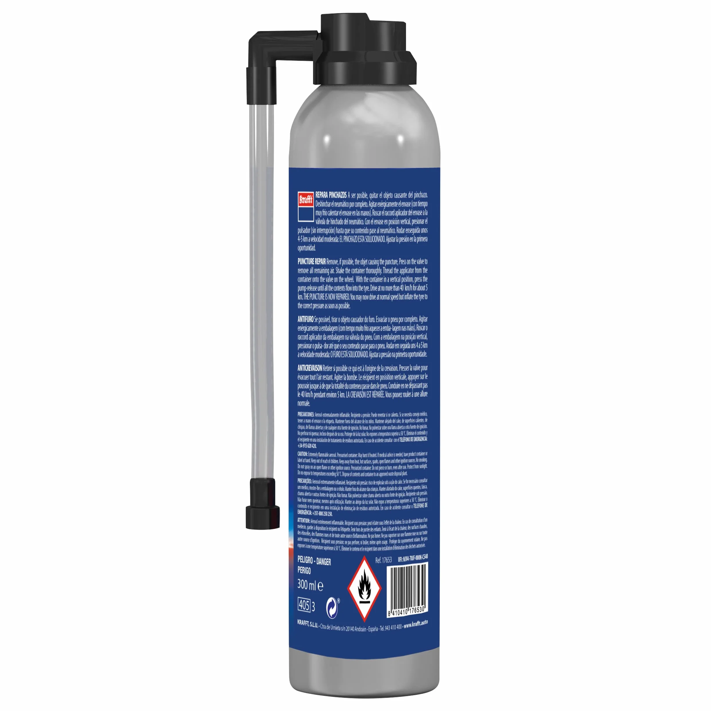 Krafft Kit Repara Pinchazos – Reparación Instantánea – Fácil Aplicación sin Herramientas – Solución Temporal para Emergencias – Compatible con Todo Tipo de Ruedas – 300ml