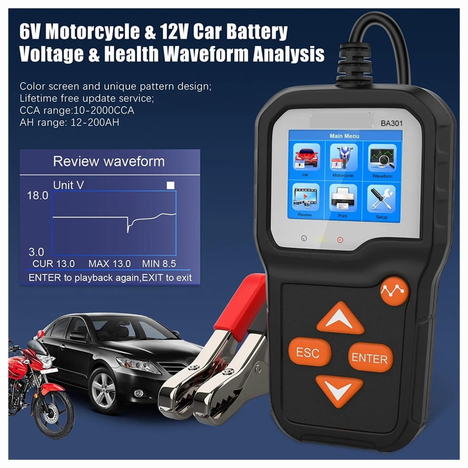 Comprobador de carga de batería, Probador de batería BA301 de 100 a 2000CCA, probador de circuito de carga de arranque rápido for coche, probador de batería de coche for motocicleta ，función de protec