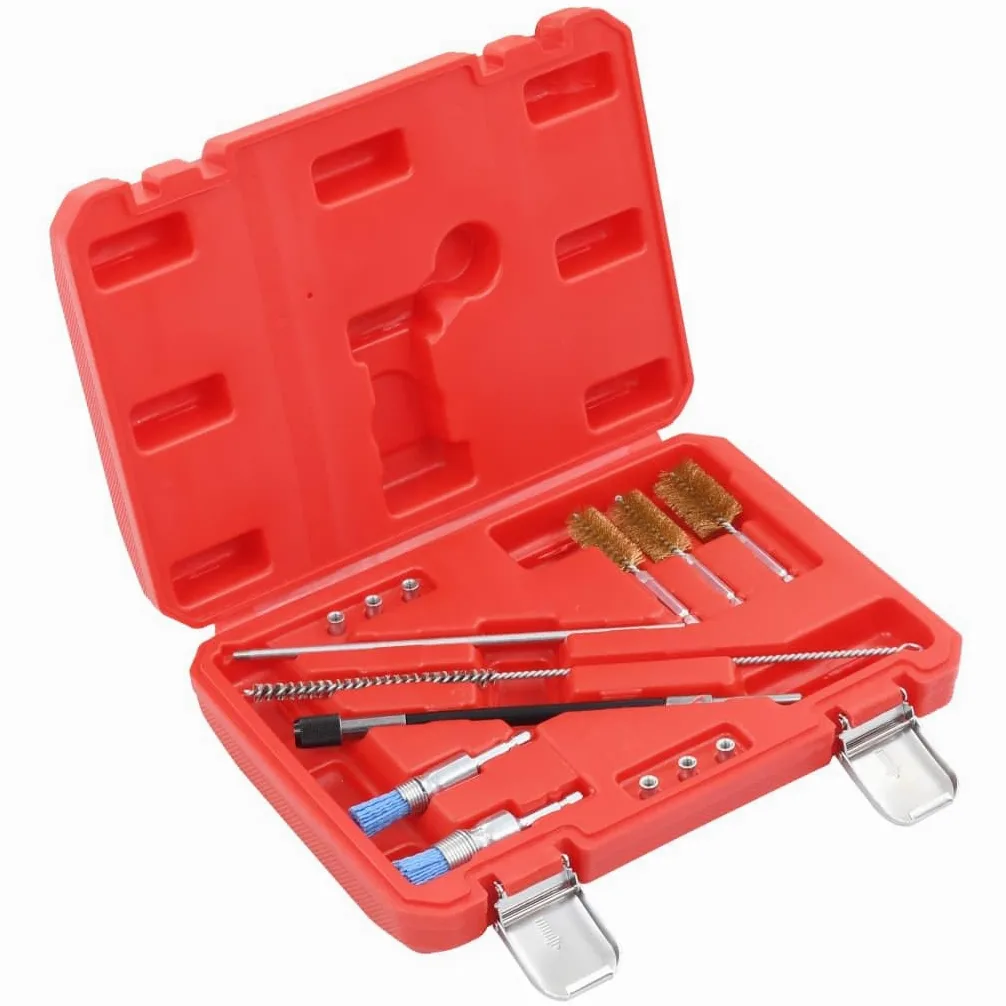 Kit de limpieza de inyectores de combustible de acero al carbono, 14 piezas, para motores diésel, con cepillos y tapones de bloqueo, para reparación de coches y garaje