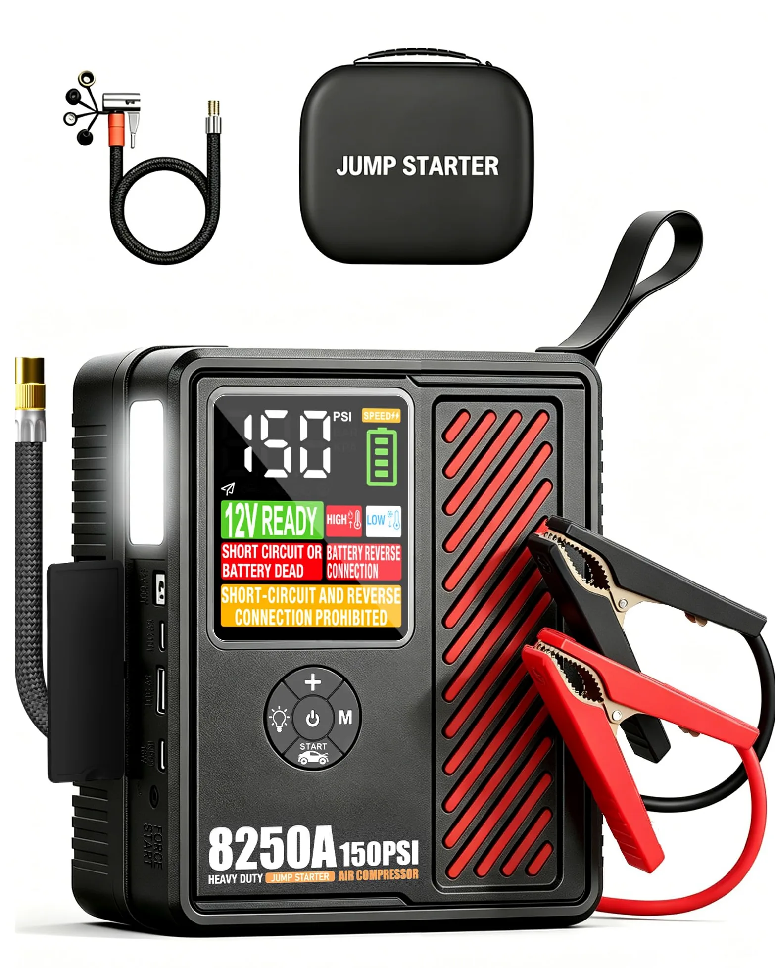 Arrancador portátil de coche de 8250 amperios con compresor de aire, inflador de neumáticos seguro de 150 PSI, inflado rápido de 40 l/min con apagado automático de 12 V, 760 CCA, arrancador de batería