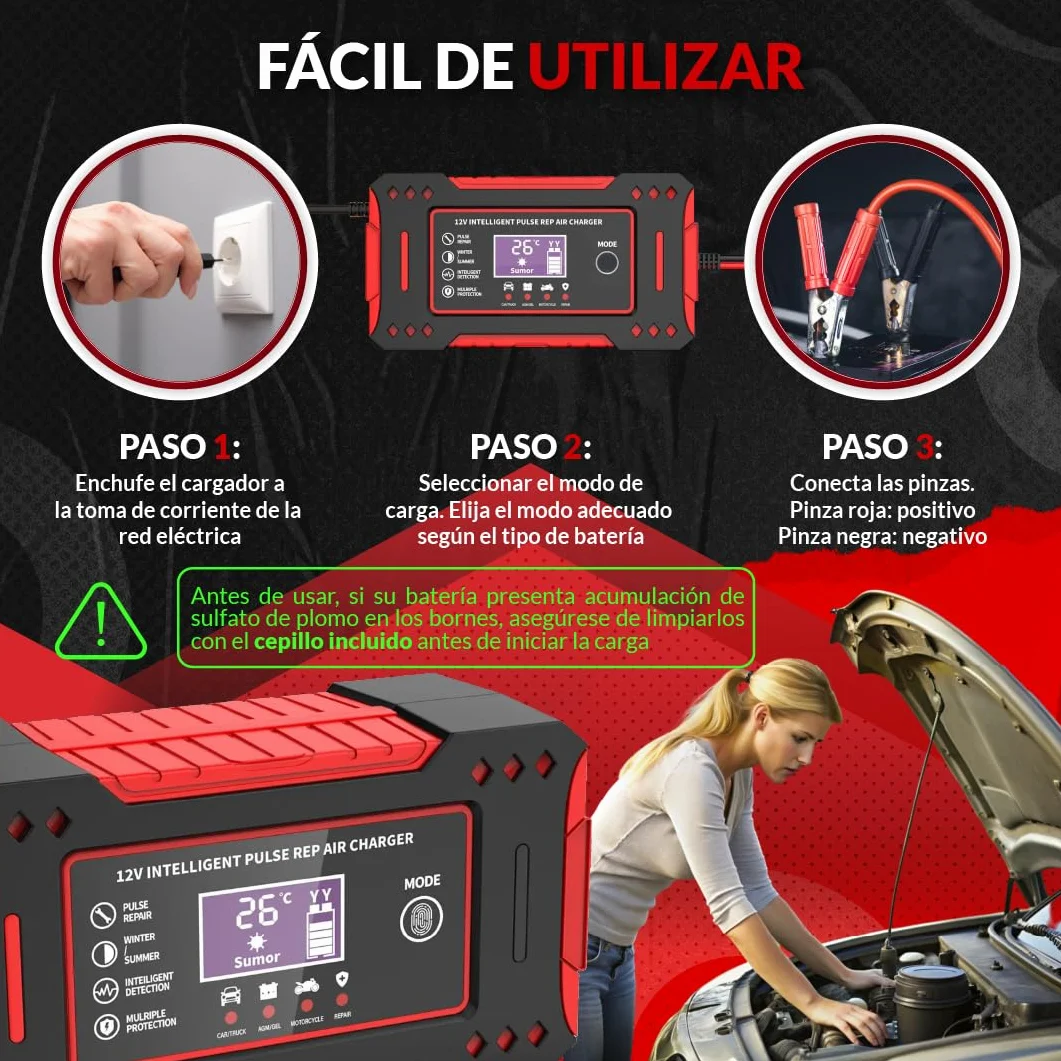 SweetSolutions© Cargador Baterias Coche 12V6A | Cargador De Batería Coche con Función Inteligente | Reparación Automática | Pantalla LCD | Automóviles Moto Camión AGM Gel SLA