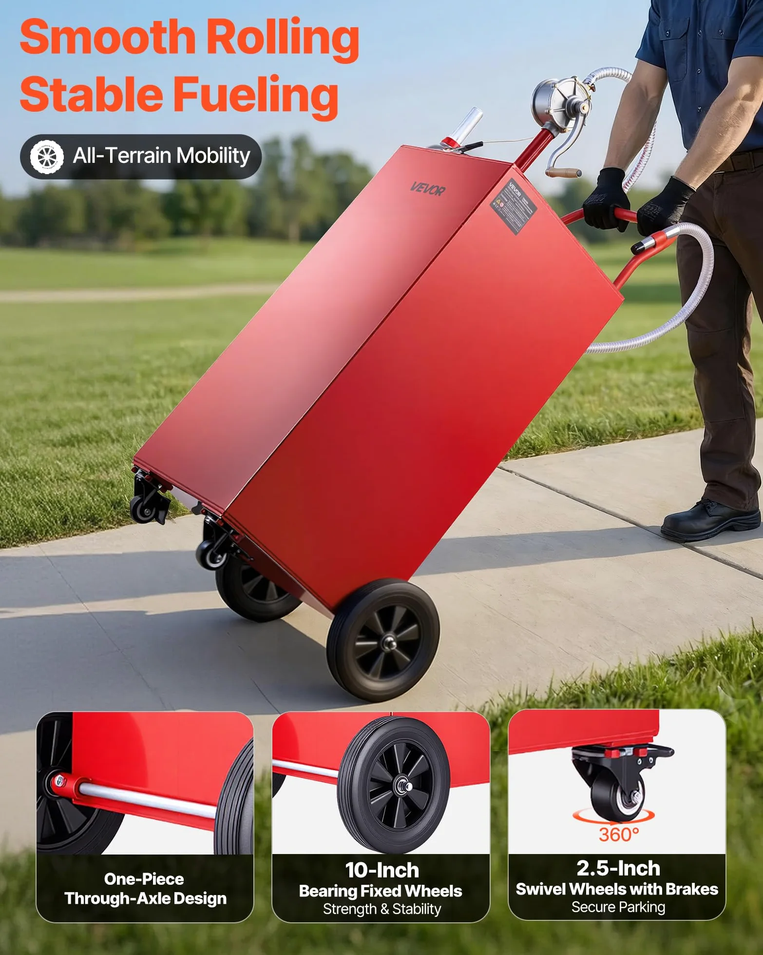 VEVOR Carro de Combustible de 189,3 L con Depósito de Gasolina y Diésel, Tanque de Combustible con 4 Ruedas, Bomba Manual de Trasvase Bidireccional, Acero al Carbono, para Garaje, Granja y Exterior