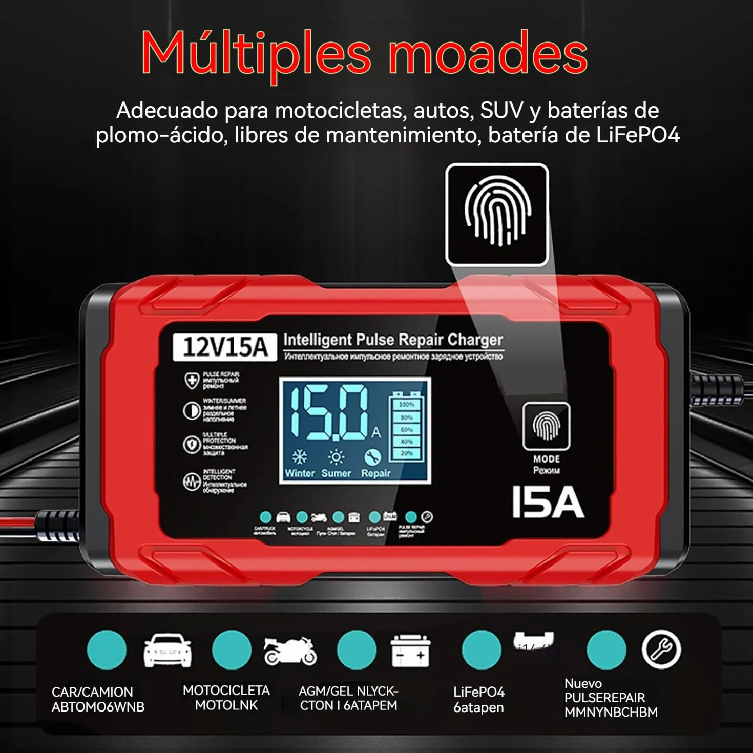Cargador Baterias Coche 15A - Inteligente Cargador Bateria Moto 12V 15A, Compensación de Temperatura, Apto para Baterías de Plomo-ácido y de Fosfato de Hierro y Litio, Barcos y Motocicletas