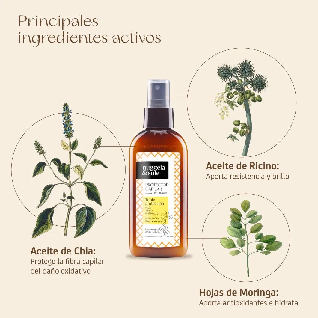Nuggela & Sulé Protector Capilar Triple Protección Solar Térmica Contaminación Aceite de Chía Aceite de Ricino 100 ml