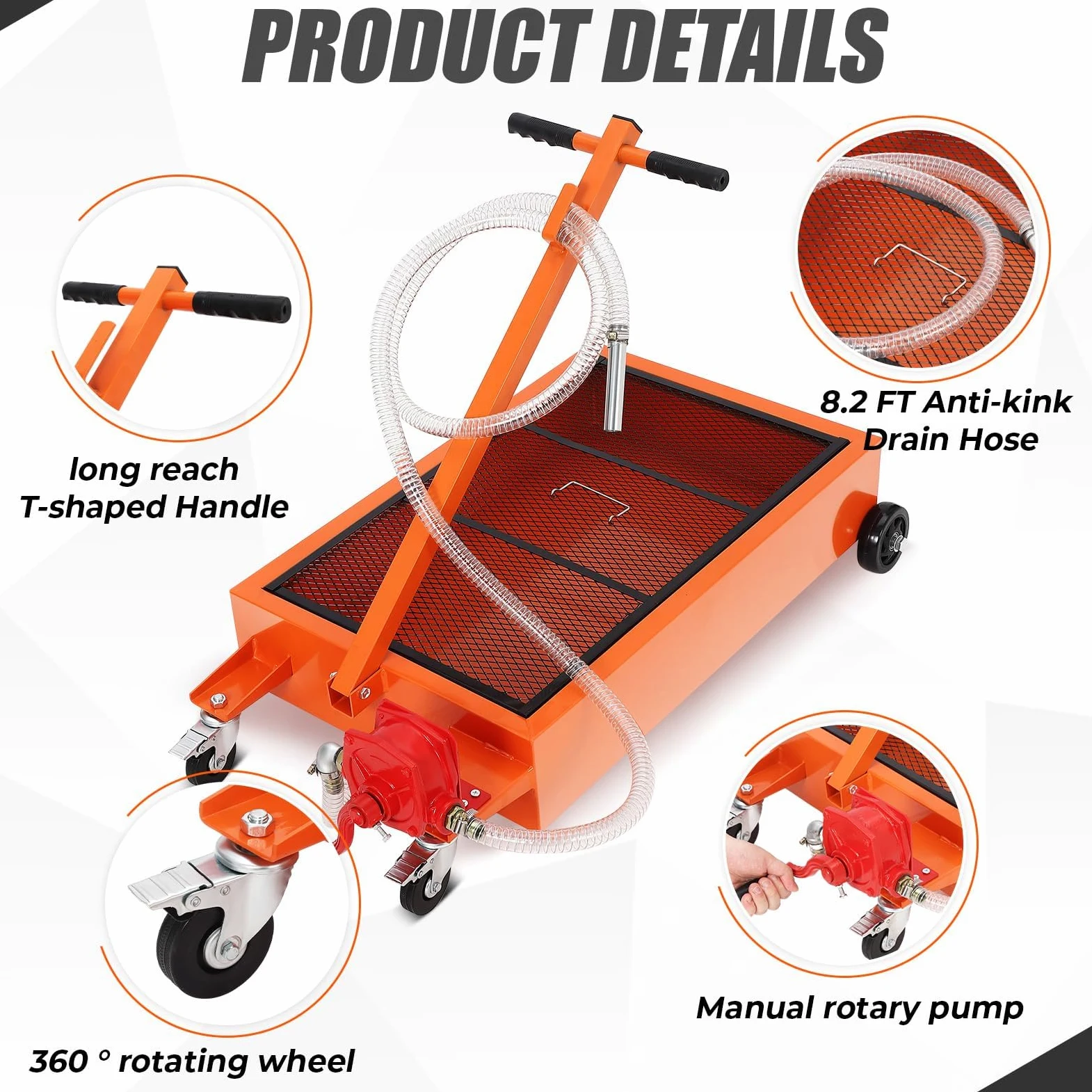 Garvee Recolector de Aceite Usado 75 L Bandeja Drenaje Perfil Bajo con Bomba Manual Manguera y Ruedas Giratorias para Cambio de Aceite Automóvil SUV Camión