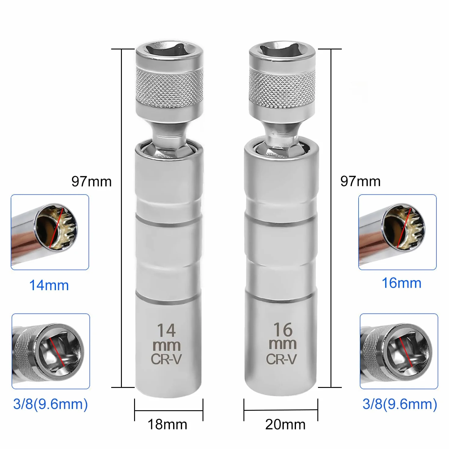 Llave Bujias 16/14mm, Llave de Bujía Magnética Universal 3/8 Pulgadas, 12 Puntos Llave Vaso Bujia, Extractor de Bujía, Herramientas de Extracción de Bujía 98mm
