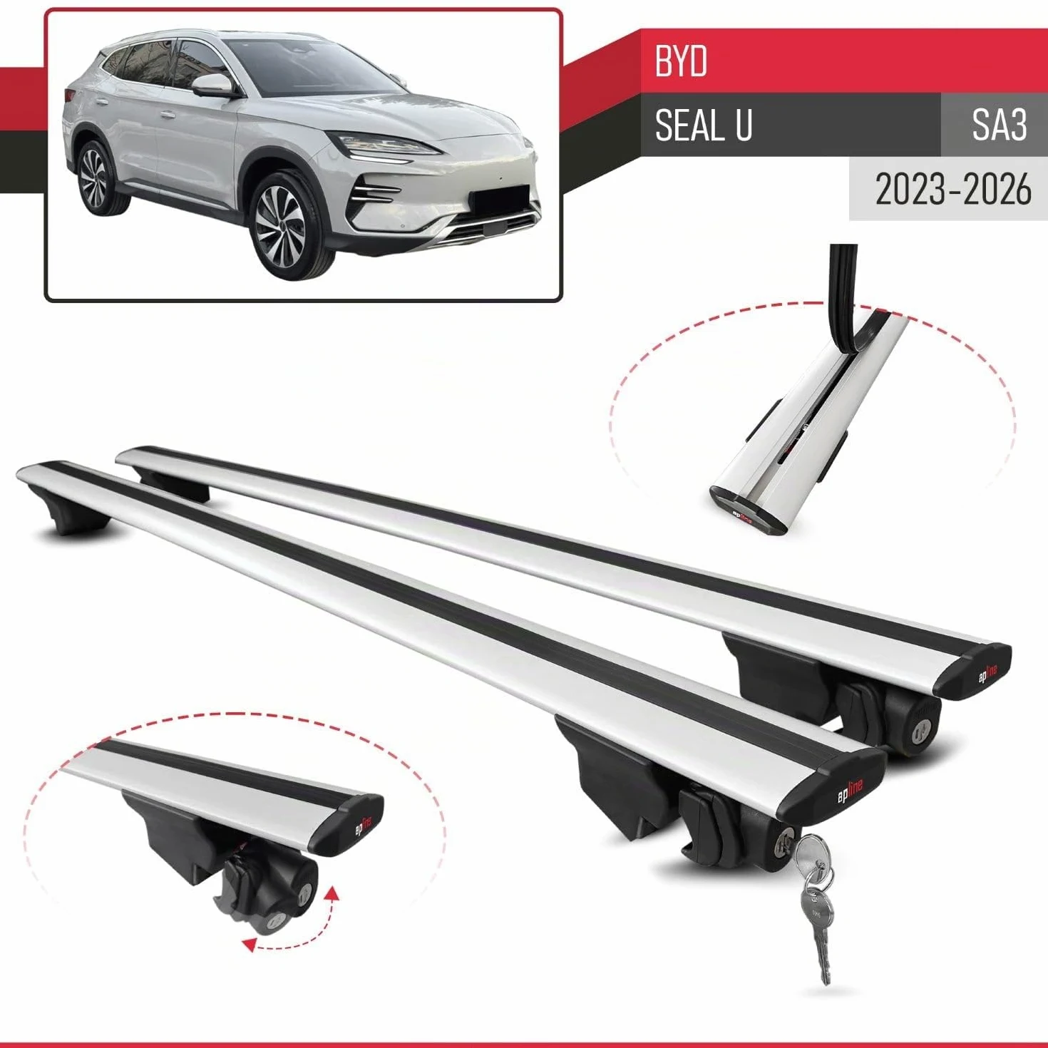 Compatible con BYD Seal U (SA3) 2023-2026 Modelo Hook Barra de Techo Auto Portaequipajes Barras Transversales Gris Aluminio 2 Barras