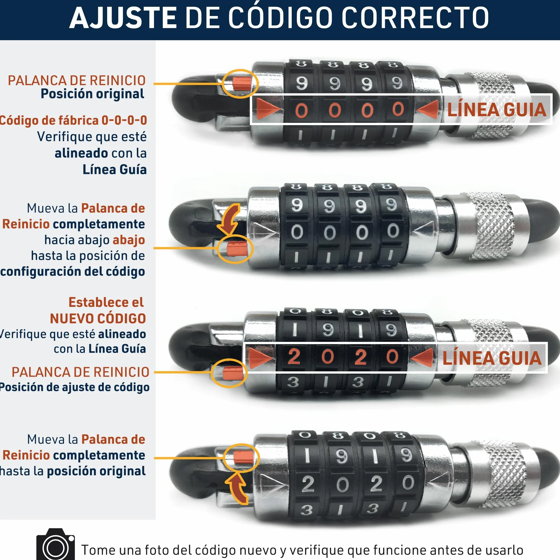 URBAN UR140 Candado Casco Moto, Mosqueton con Código 4 Digitos Más Seguro, Adaptador T Hebilla, Cable Seguridad Acero Trenzado Más Visible, Accesorio Antirrobo Universal para Casco Moto Bicicleta